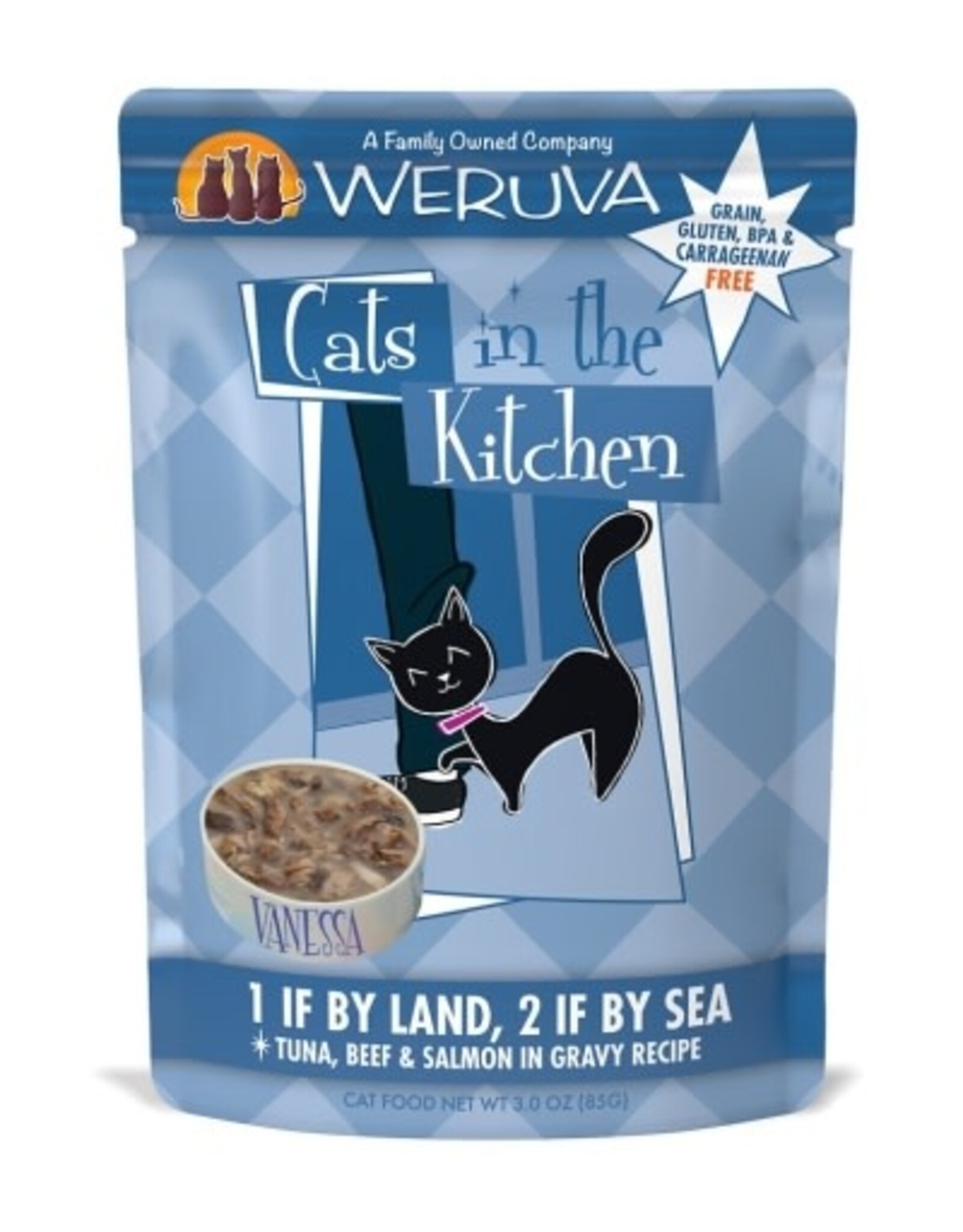 Weruva Cats in the Kitchen 1 If by Land, 2 If by Sea Tuna, Beef & Salmon in Gravy Recipe Wet Cat Food 3 Oz. Pouches Case of 12