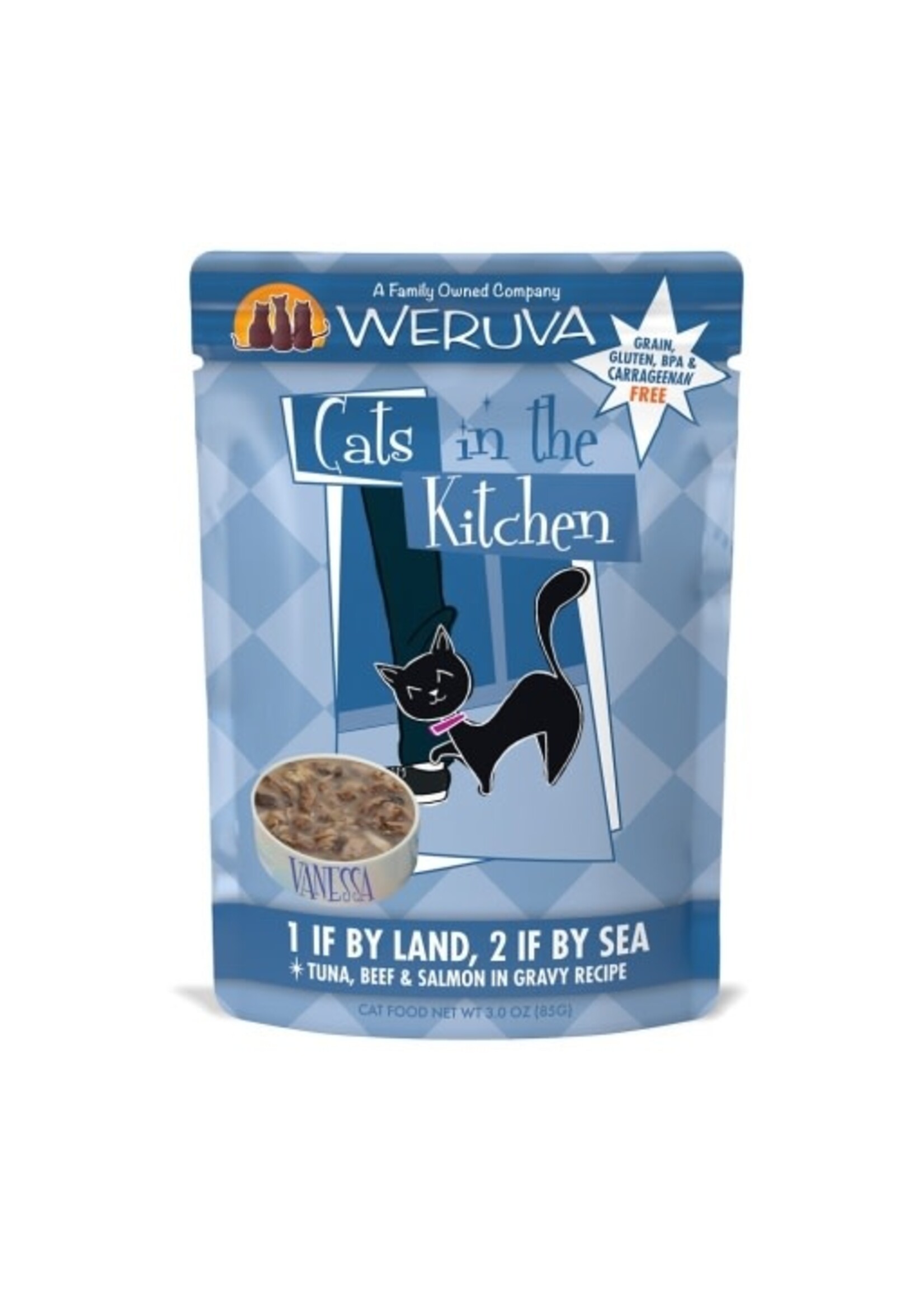 Weruva Cats in the Kitchen 1 If by Land, 2 If by Sea Tuna, Beef & Salmon in Gravy Recipe Wet Cat Food 3 Oz. Pouches Case of 12