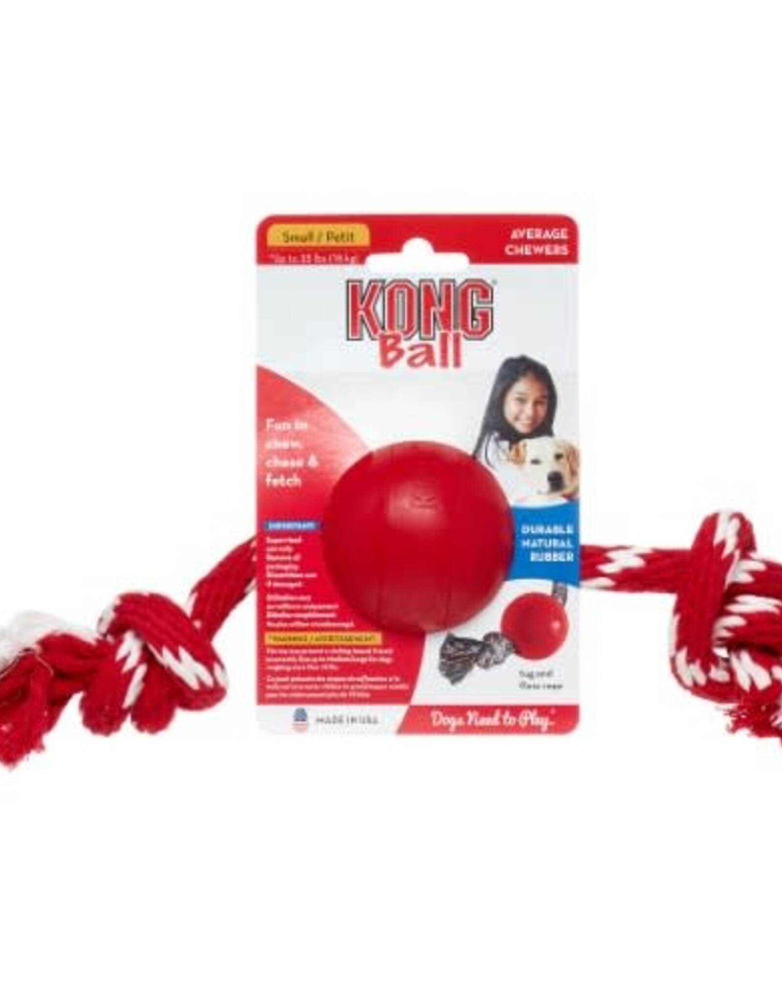 KONG KONG Ball W/Rope Dog Toy - Small, Red
