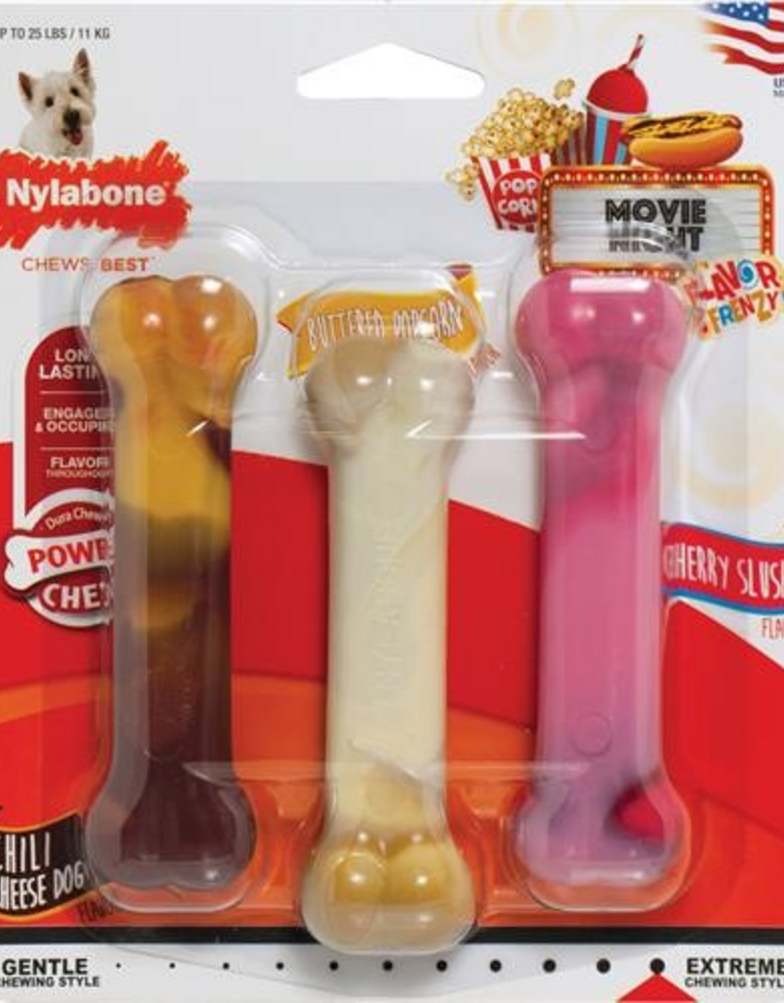 Nylabone Nylabone Flavor Frenzy Power Chew Dry Dog Toy Chili Cheese Dog Popcorn & Cherry - Small 3 Pack