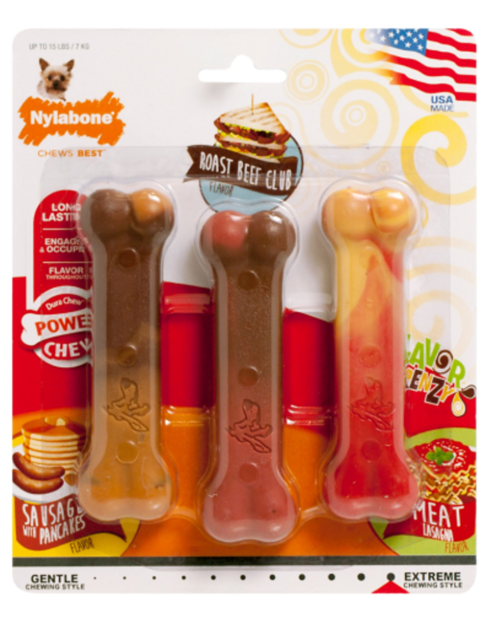 Nylabone Nylabone Flavor Frenzy Power Chew Triple Pack Pancakes & Sausage Roast Beef Club & Lasagna - X-Small