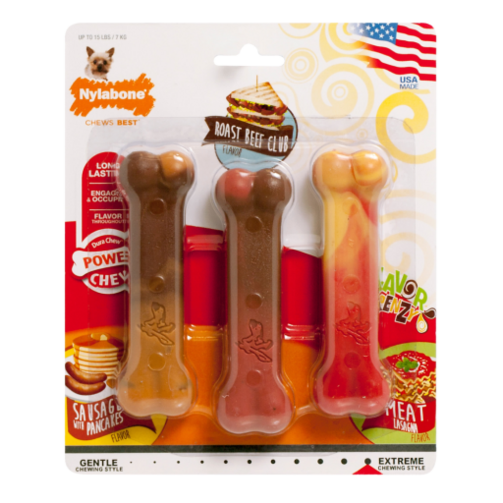 Nylabone Nylabone Flavor Frenzy Power Chew Triple Pack Pancakes & Sausage Roast Beef Club & Lasagna - X-Small