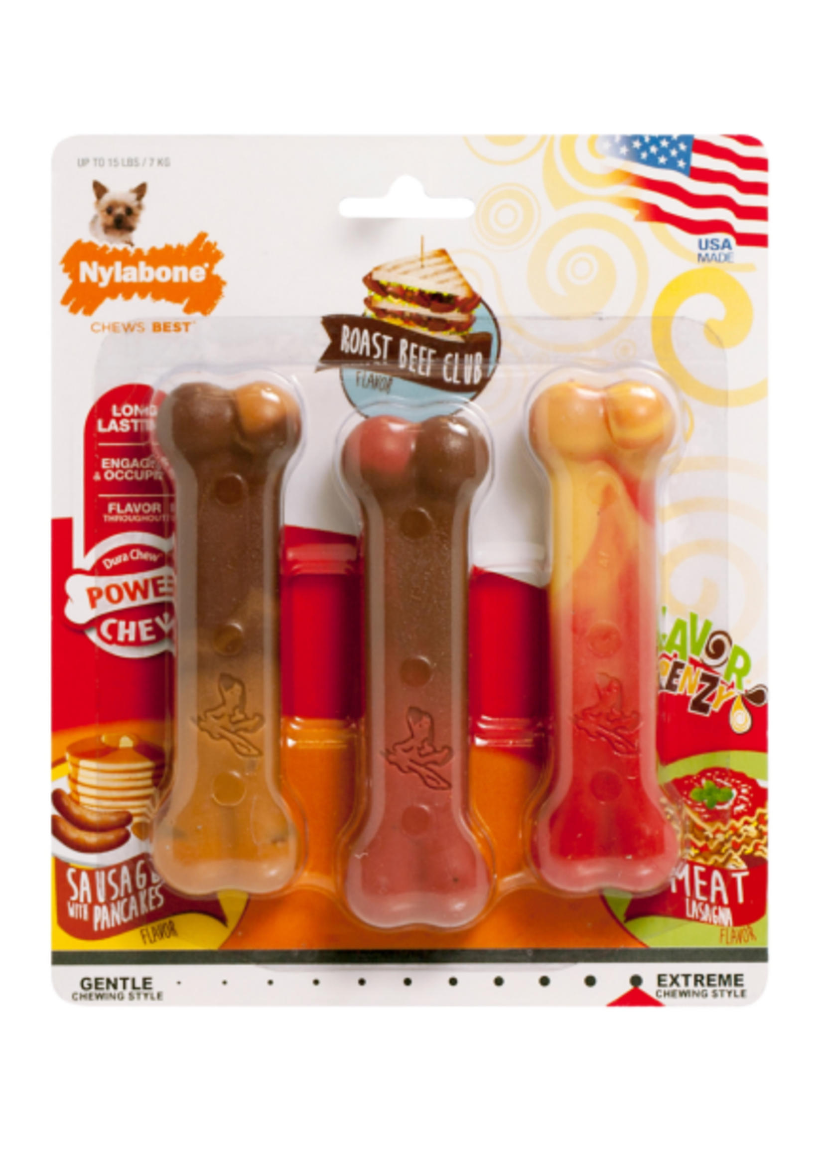 Nylabone Nylabone Flavor Frenzy Power Chew Triple Pack Pancakes & Sausage Roast Beef Club & Lasagna - X-Small