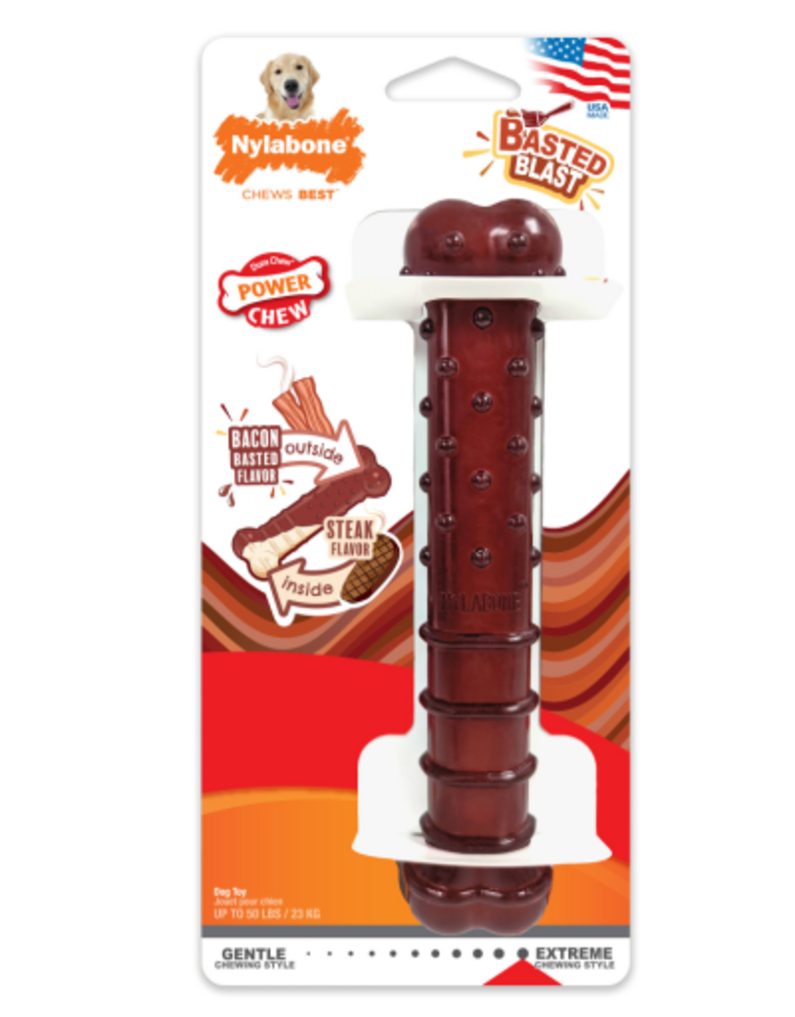 Nylabone Nylabone Power Chew Basted Blast Dual Flavored Dog Chew Toys Bacon & Steak - Large