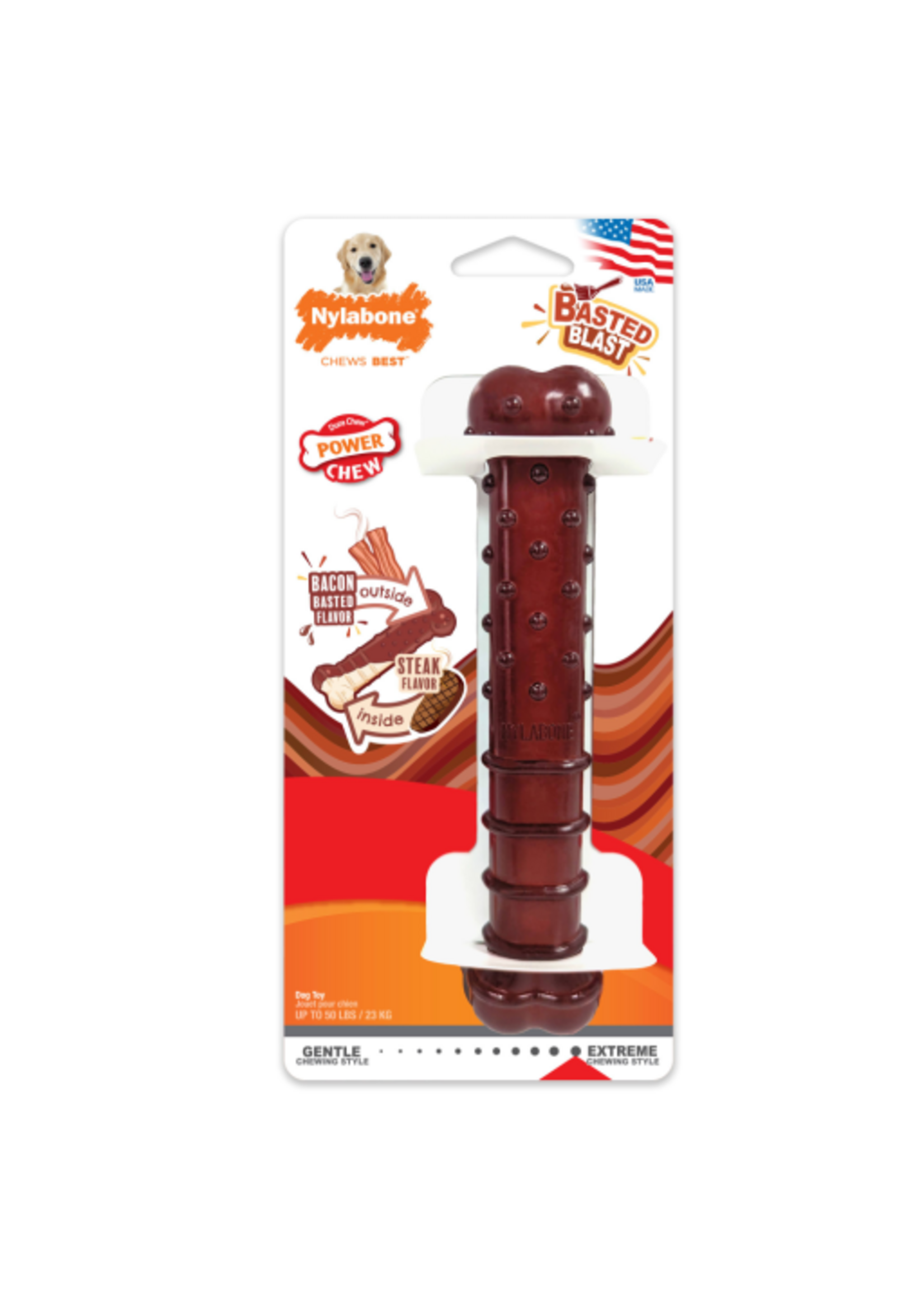 Nylabone Nylabone Power Chew Basted Blast Dual Flavored Dog Chew Toys Bacon & Steak - Large