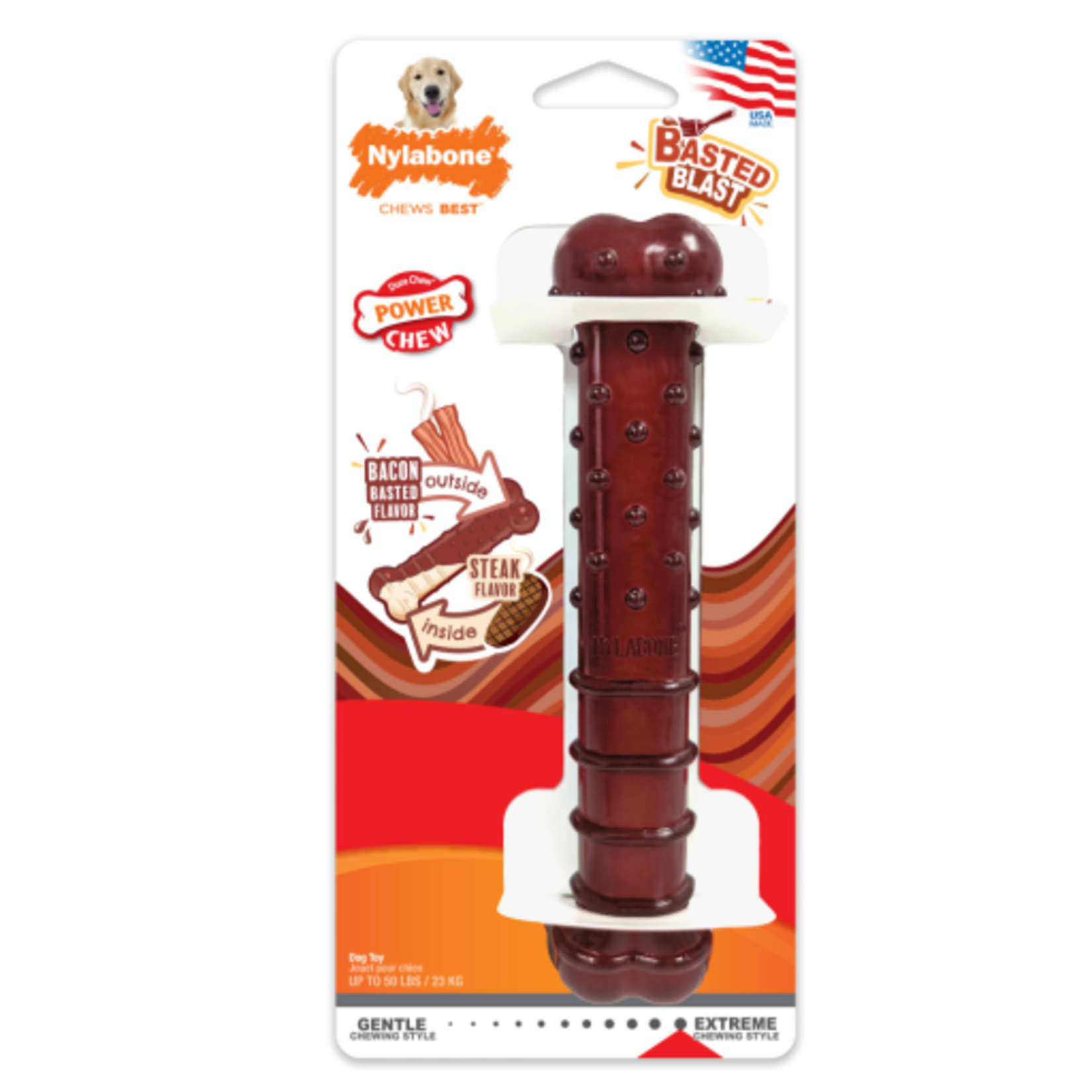 Nylabone Nylabone Power Chew Basted Blast Dual Flavored Dog Chew Toys Bacon & Steak - Large