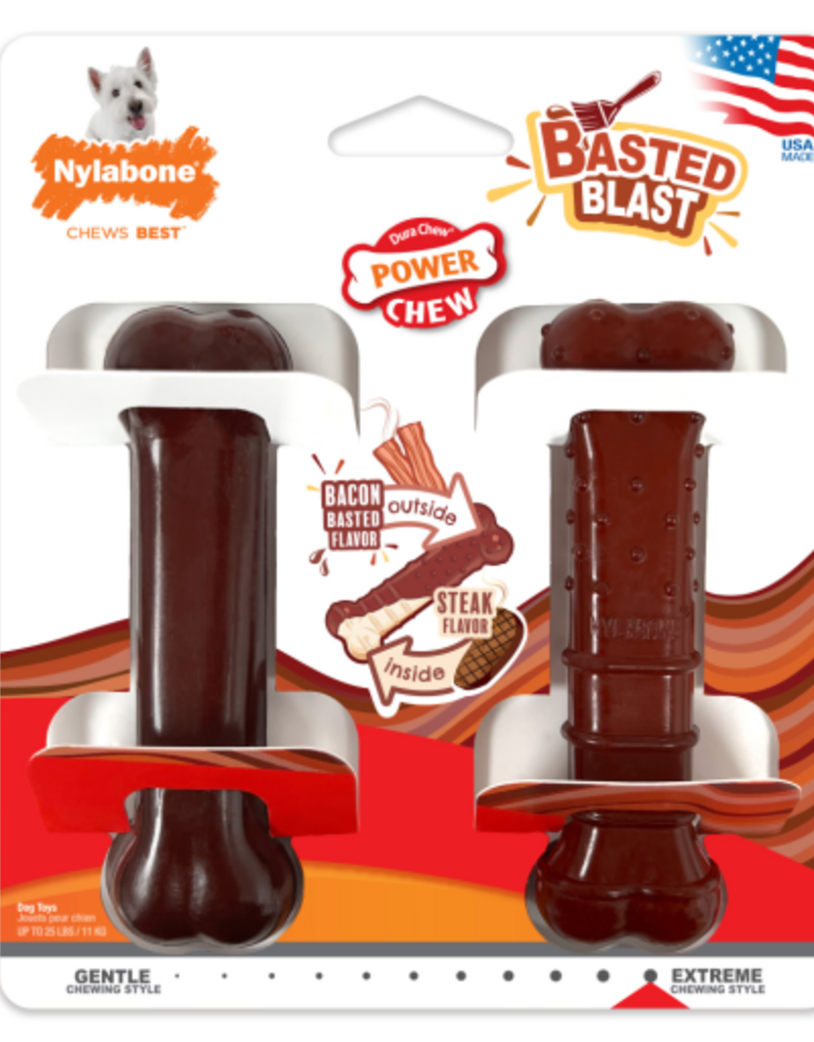 Nylabone Nylabone Power Chew Basted Blast Dual Flavored Dog Chew Toys Bacon & Steak - Small