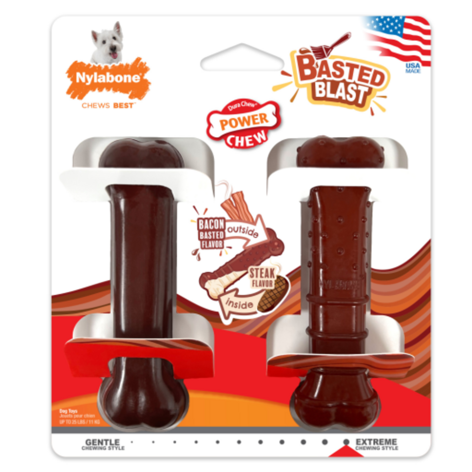 Nylabone Nylabone Power Chew Basted Blast Dual Flavored Dog Chew Toys Bacon & Steak - Small