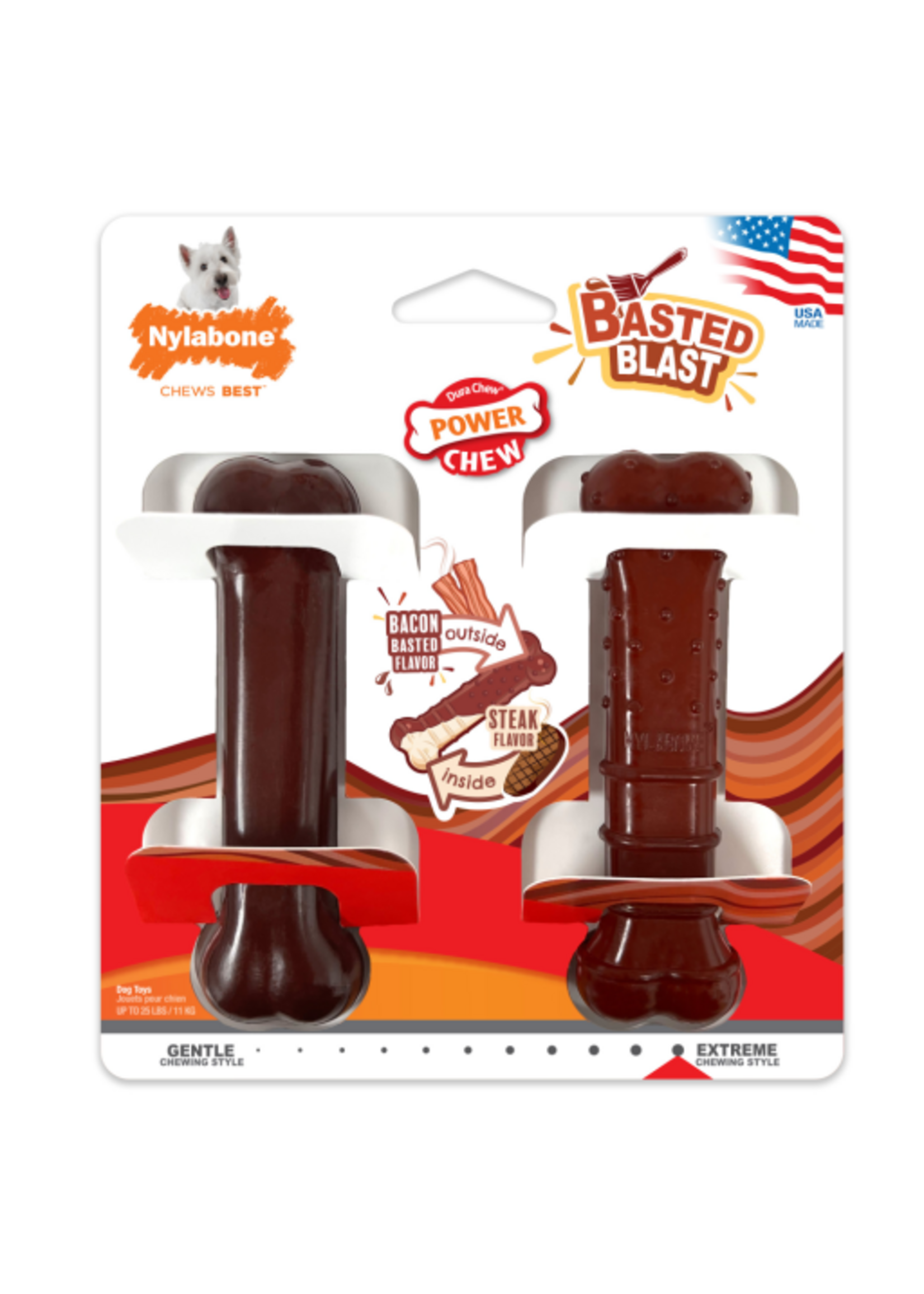 Nylabone Nylabone Power Chew Basted Blast Dual Flavored Dog Chew Toys Bacon & Steak - Small