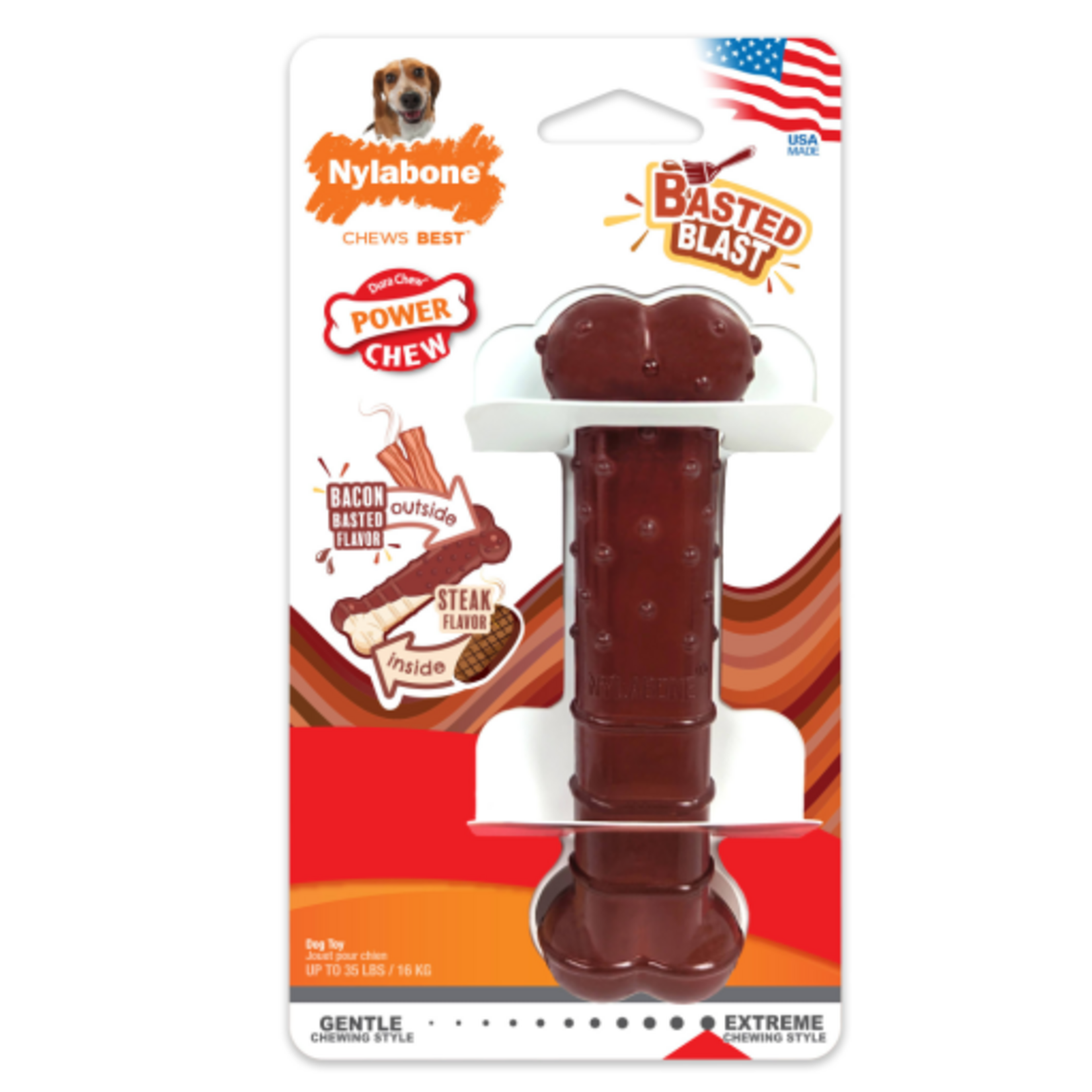 Nylabone Nylabone Power Chew Basted Blast Dual Flavored Dog Chew Toys Bacon & Steak - Medium