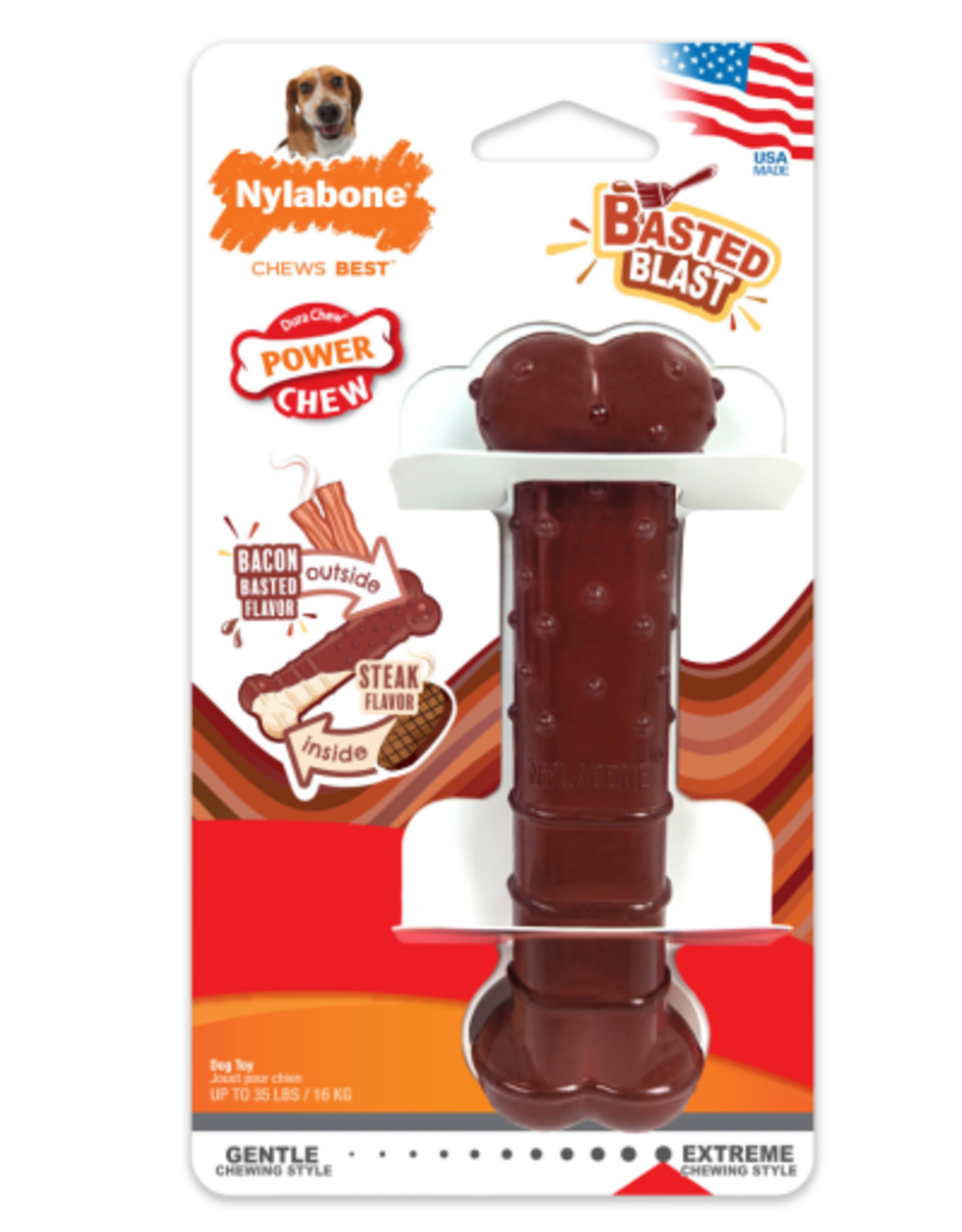 Nylabone Nylabone Power Chew Basted Blast Dual Flavored Dog Chew Toys Bacon & Steak - Medium