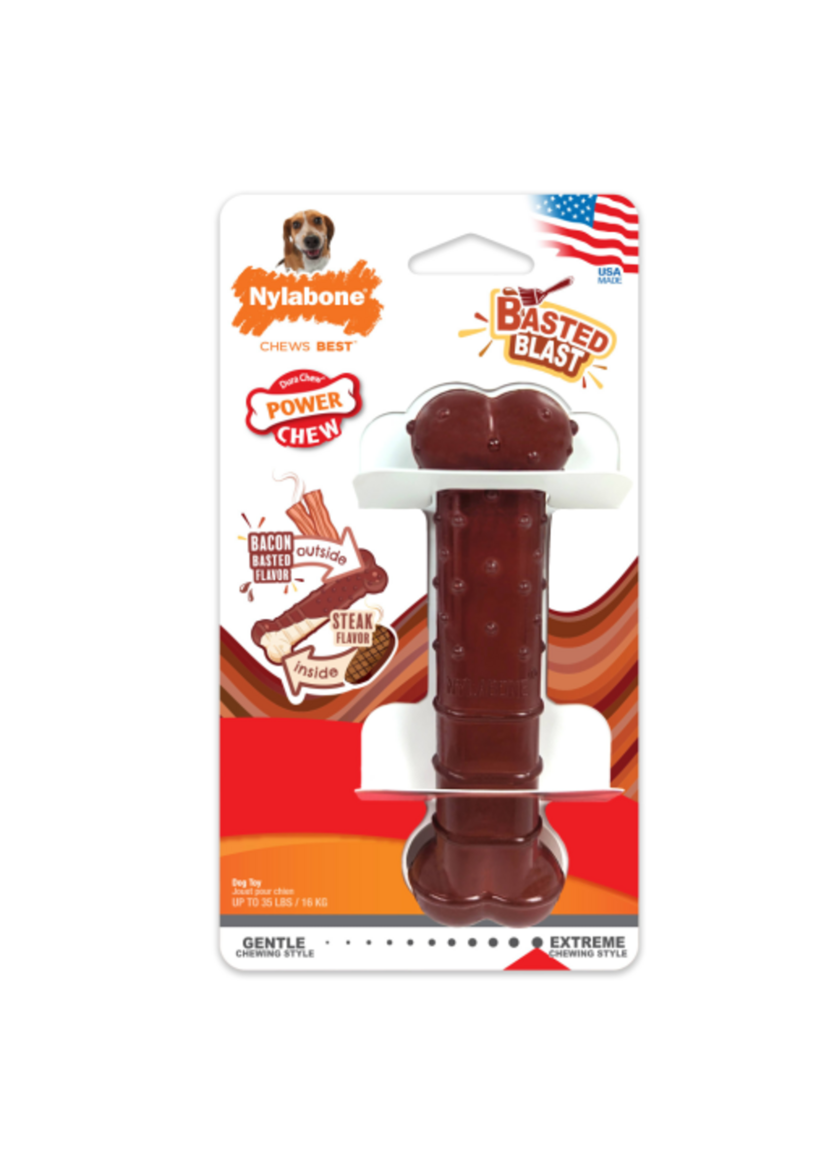 Nylabone Nylabone Power Chew Basted Blast Dual Flavored Dog Chew Toys Bacon & Steak - Medium