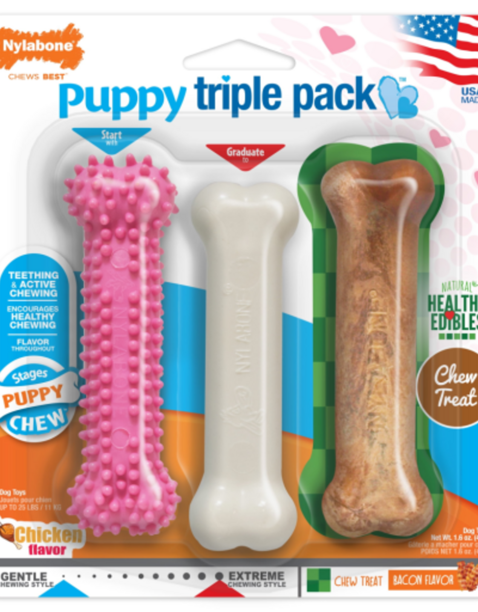 Nylabone Nylabone Puppy Chew Toys & Treat Triple Pack Chicken & Bacon - Small