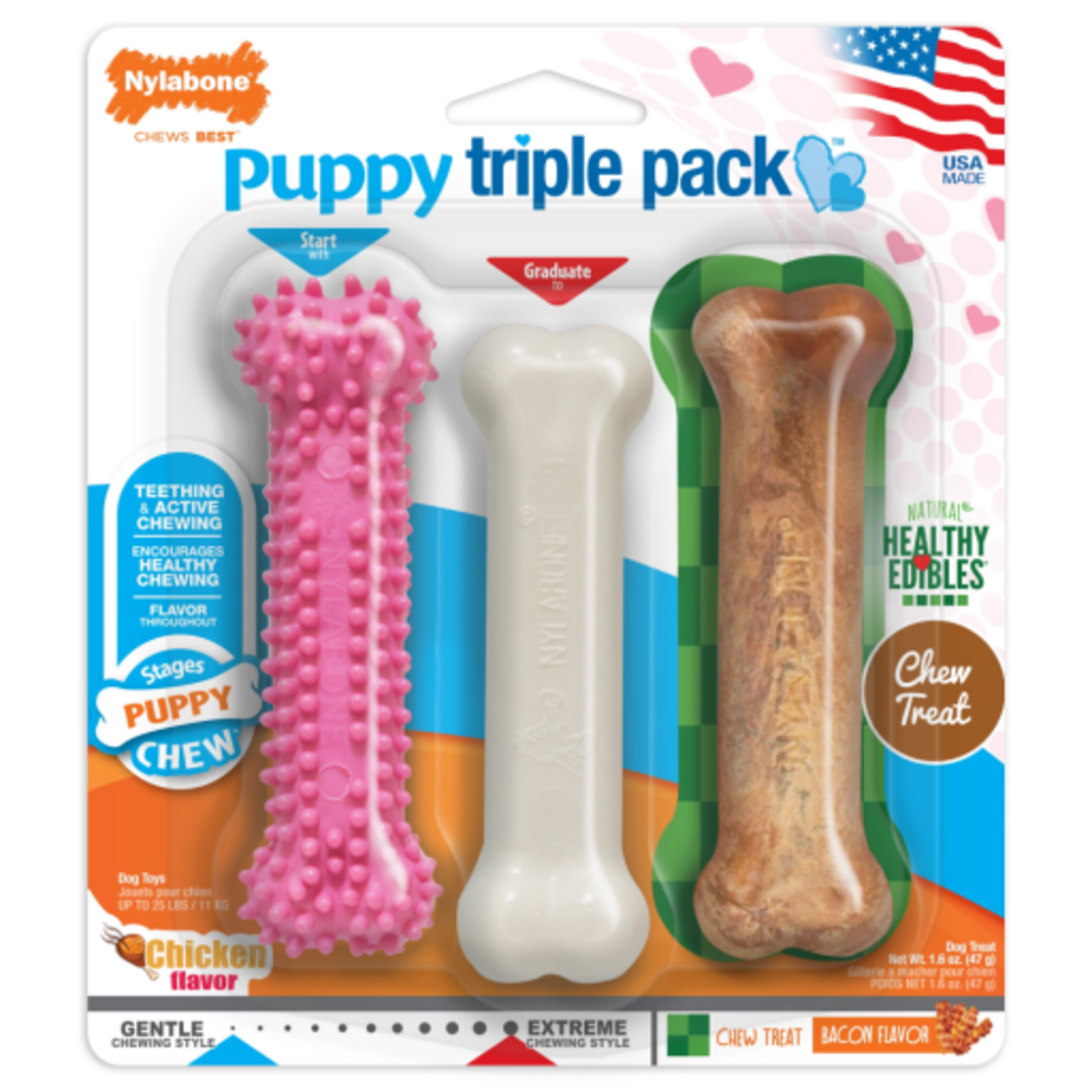 Nylabone Nylabone Puppy Chew Toys & Treat Triple Pack Chicken & Bacon - Small
