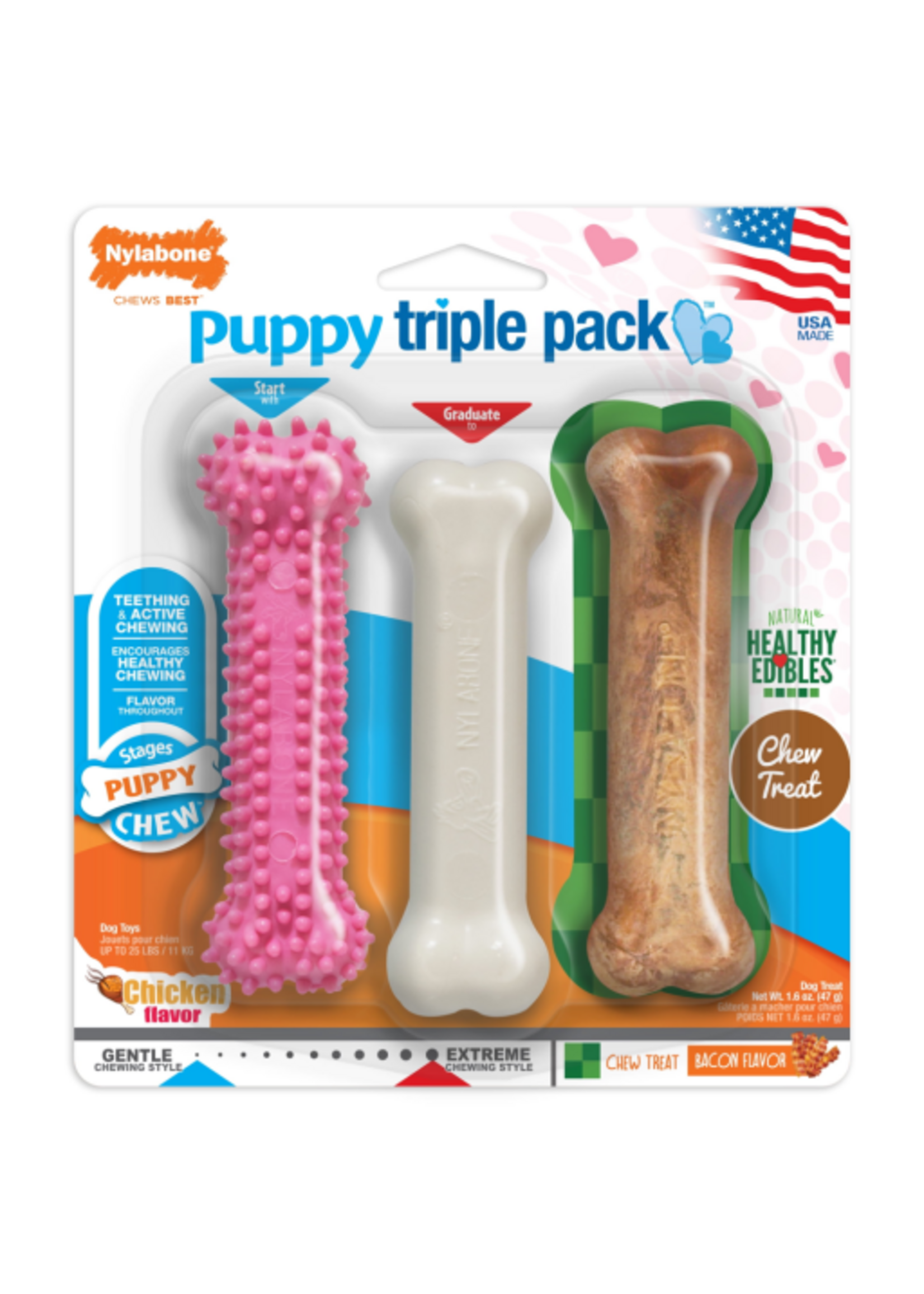 Nylabone Nylabone Puppy Chew Toys & Treat Triple Pack Chicken & Bacon - Small