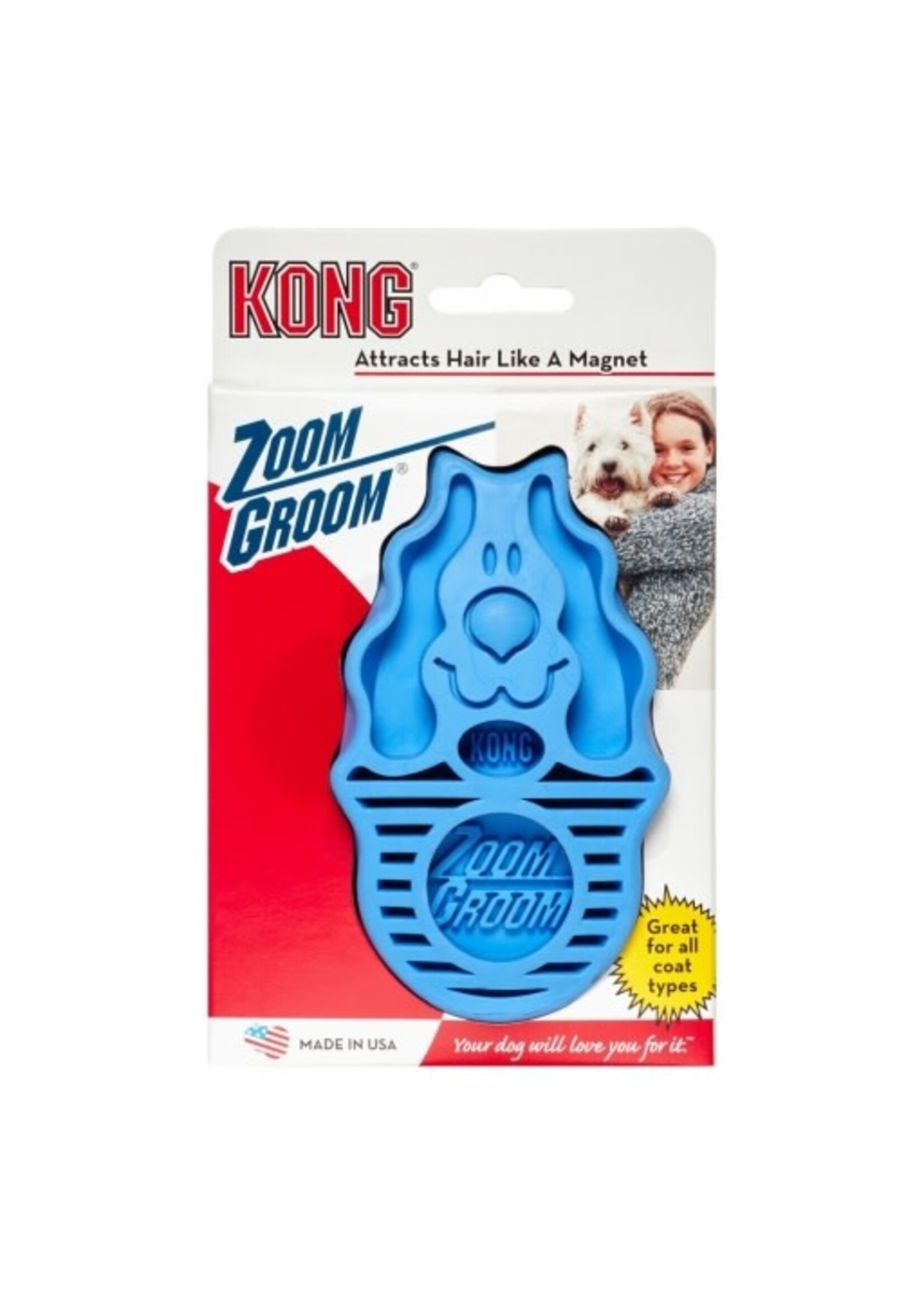 KONG KONG ZoomGroom Brush for Dogs & Puppies - Medium/Large - Blue