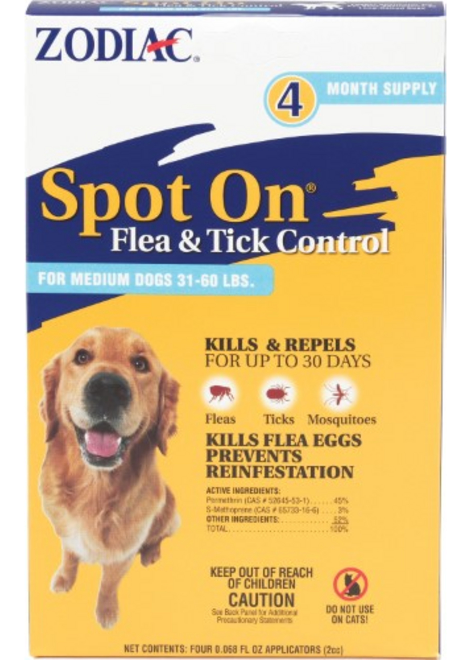 Farnam Zodiac Spot on Flea & Tick Controller for Dogs 31-60 lbs - 4 Pack