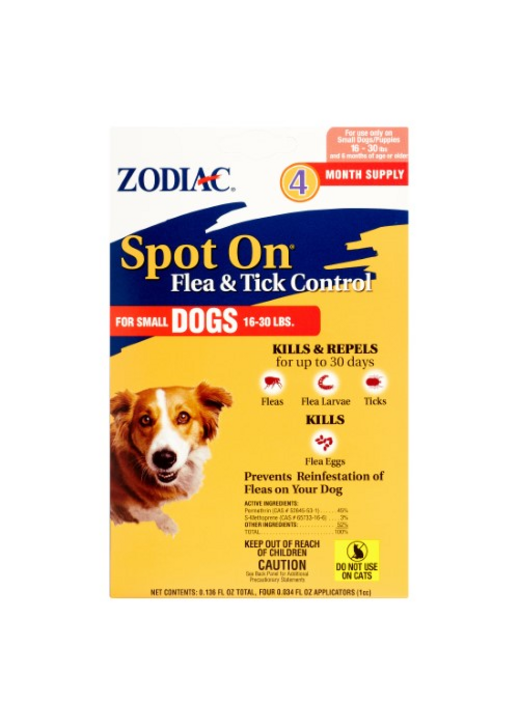 Farnam Zodiac Spot on Flea & Tick Controller for Dogs  Small Dogs 16-30 lbs - 4 Pack