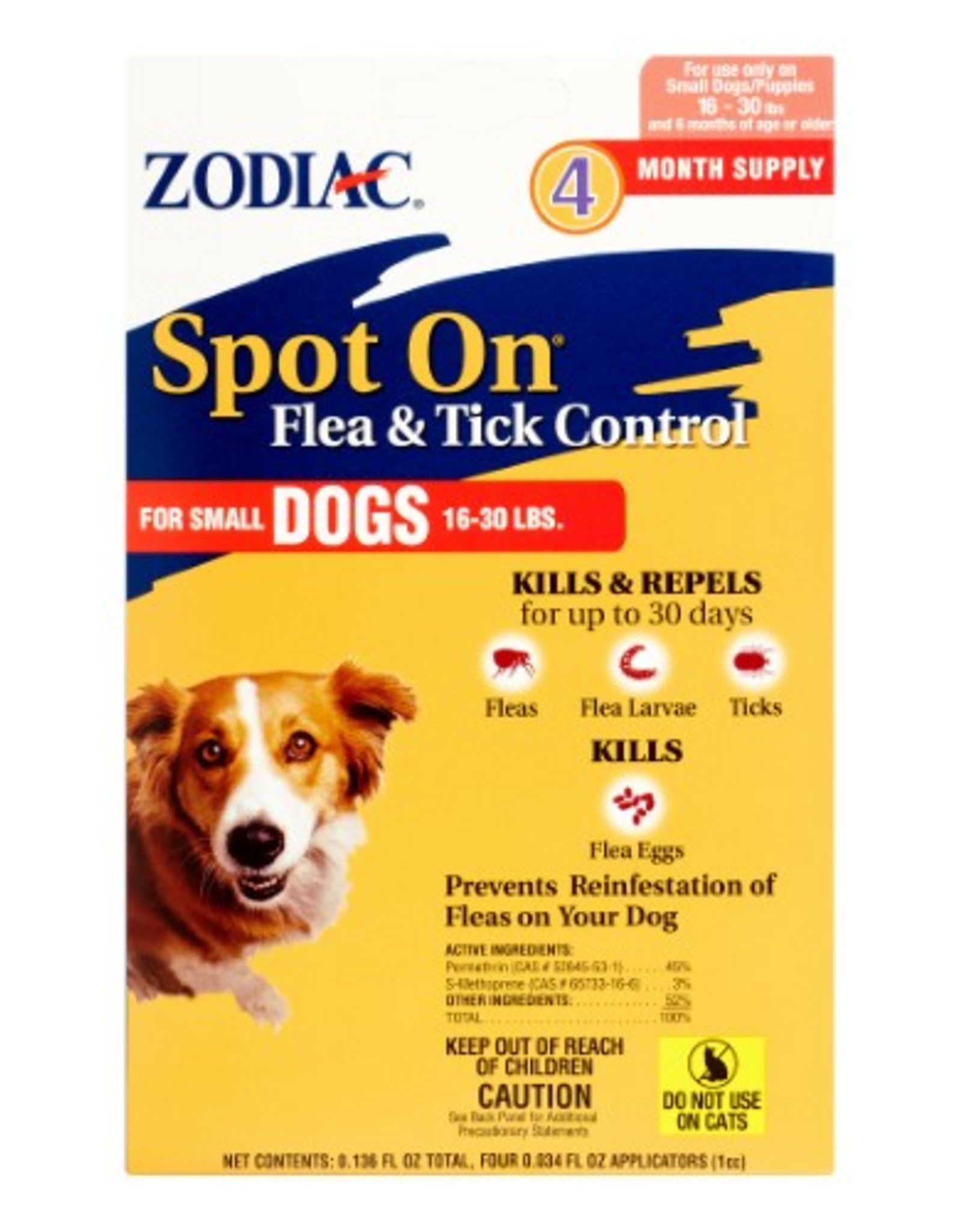 Farnam Zodiac Spot on Flea & Tick Controller for Dogs  Small Dogs 16-30 lbs - 4 Pack
