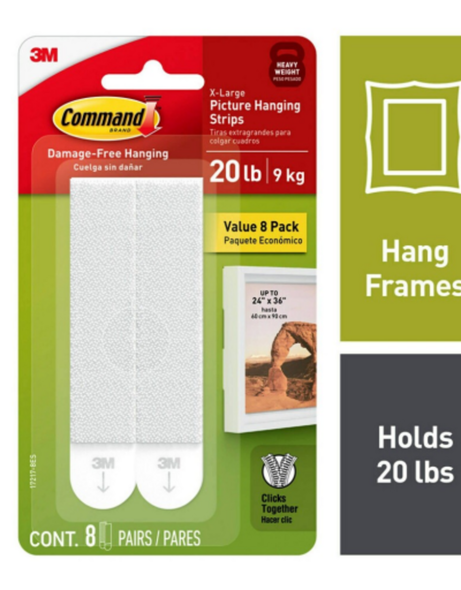 3M 20 Lb. Picture Hanging Strips, White, 8 Pairs, X-Large