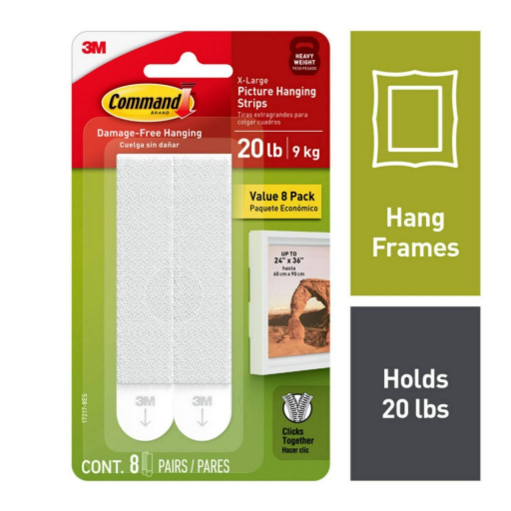 3M 3M Picture Hanging Strips, 20 Lb. White, 8 Pairs, X-Large