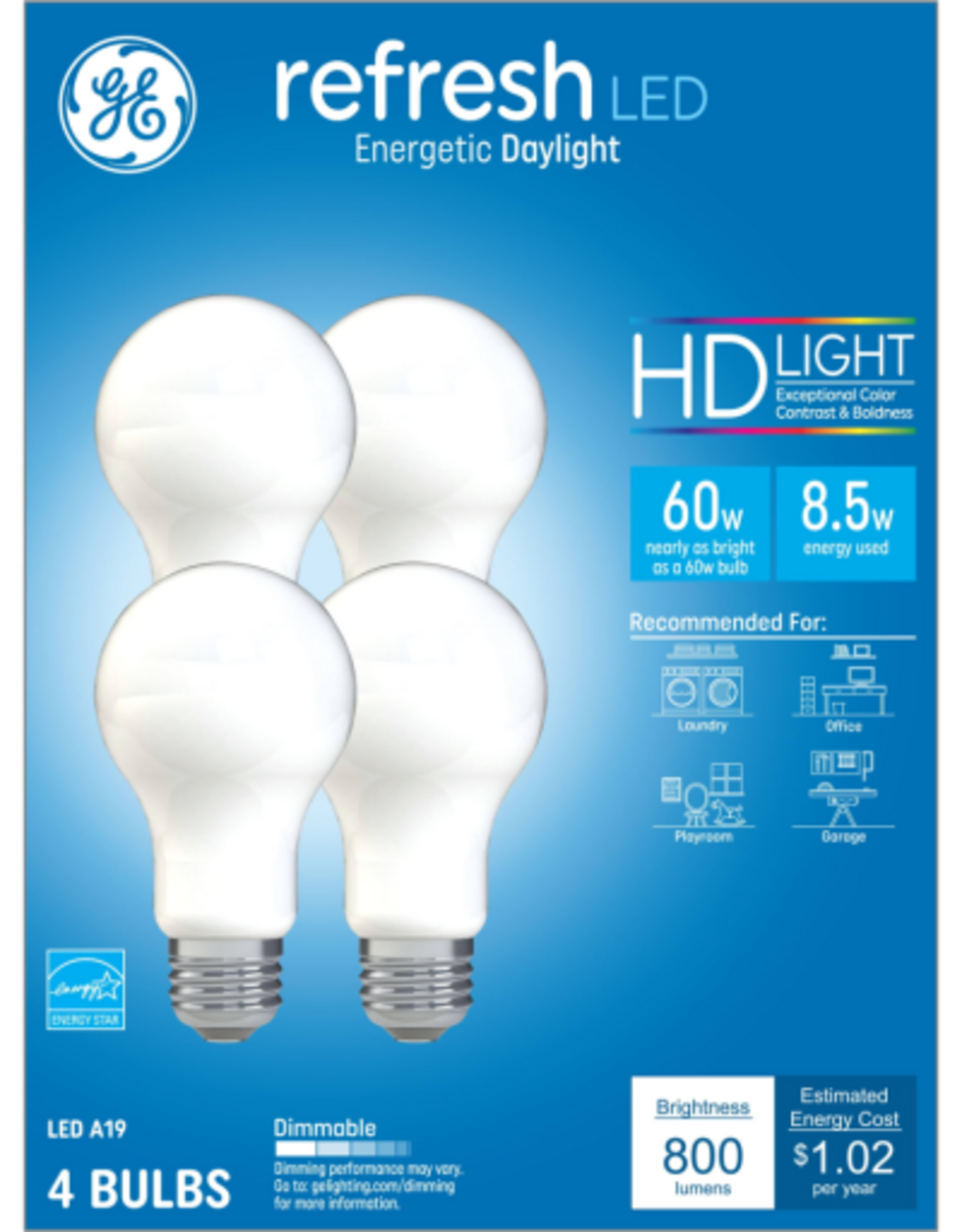 GE GE Refresh HD LED Light Bulbs  60 Watt  Daylight  A19 Bulbs  Medium Base  Frosted Finish  4pk