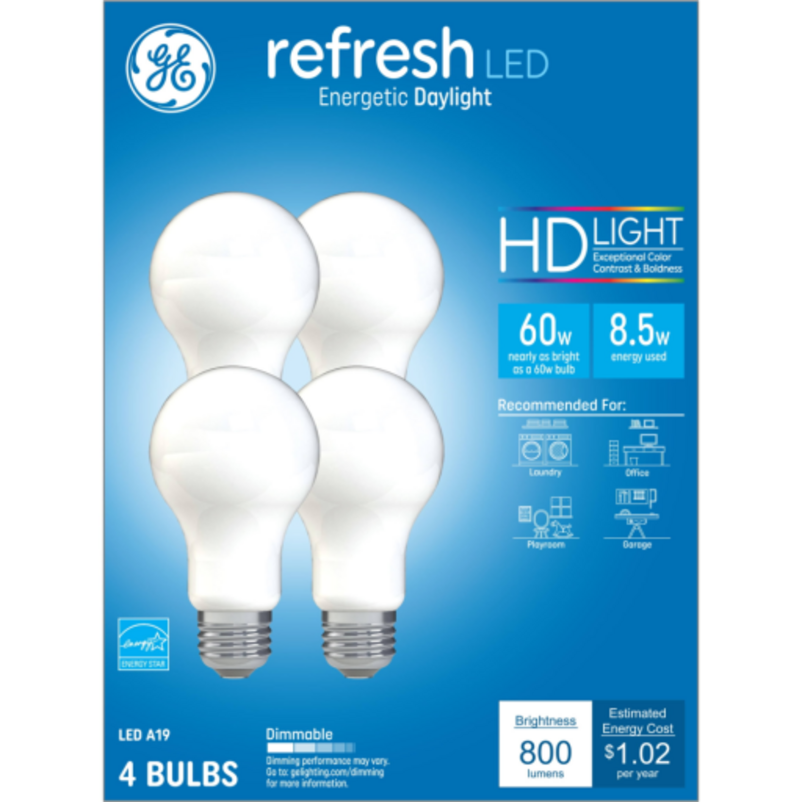GE GE Refresh HD LED Light Bulbs  60 Watt  Daylight  A19 Bulbs  Medium Base  Frosted Finish  4pk