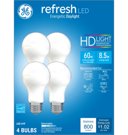 GE GE Refresh HD LED Light Bulbs  60 Watt  Daylight  A19 Bulbs  Medium Base  Frosted Finish  4pk