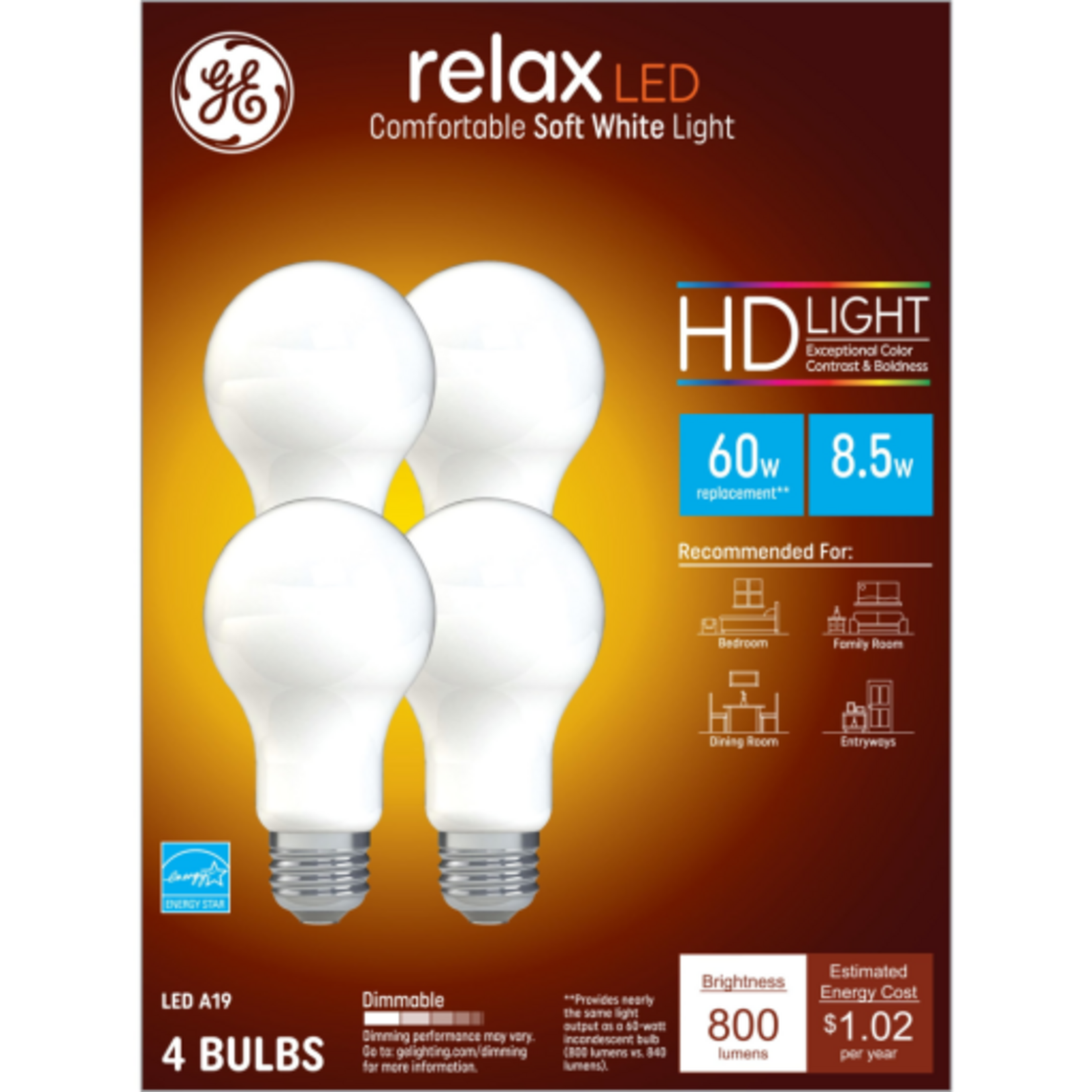 GE GE Relax HD LED Light Bulbs  60 Watt  Soft White  A19 Bulbs  Medium Base  Frosted Finish  4pk