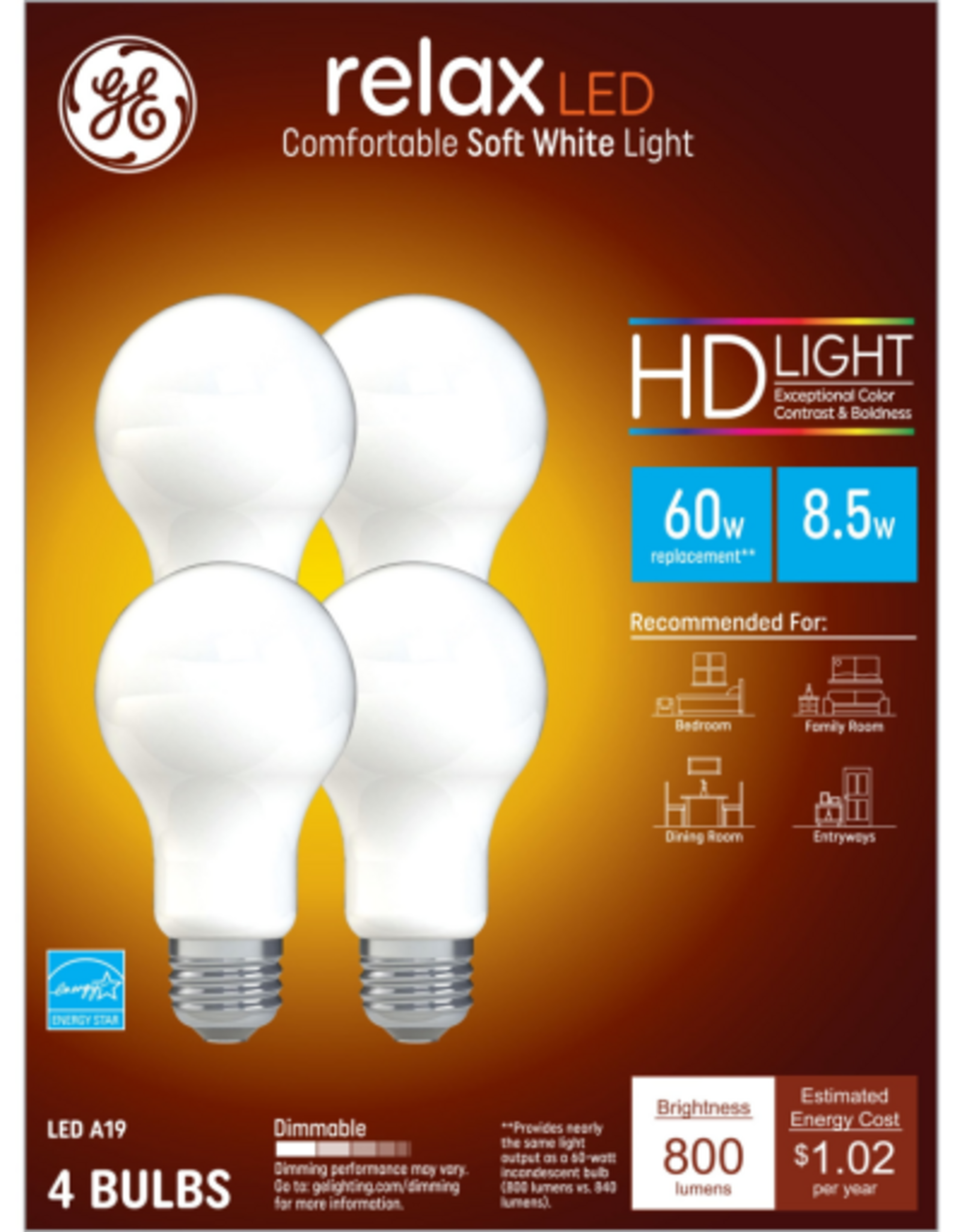 GE GE Relax HD LED Light Bulbs  60 Watt  Soft White  A19 Bulbs  Medium Base  Frosted Finish  4pk