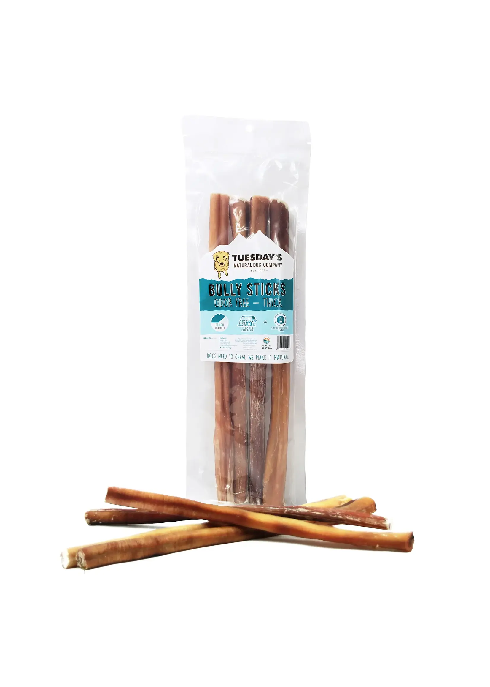 Tuesday's Natural Dog Company Thick Bully Sticks Odor Free - 12" | 8 oz Bag