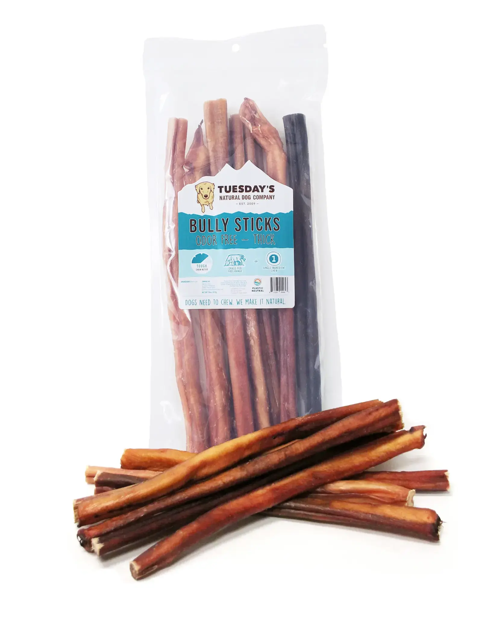 Tuesday's Natural Dog Company 12" Thick Bully Sticks Odor Free - 16 oz