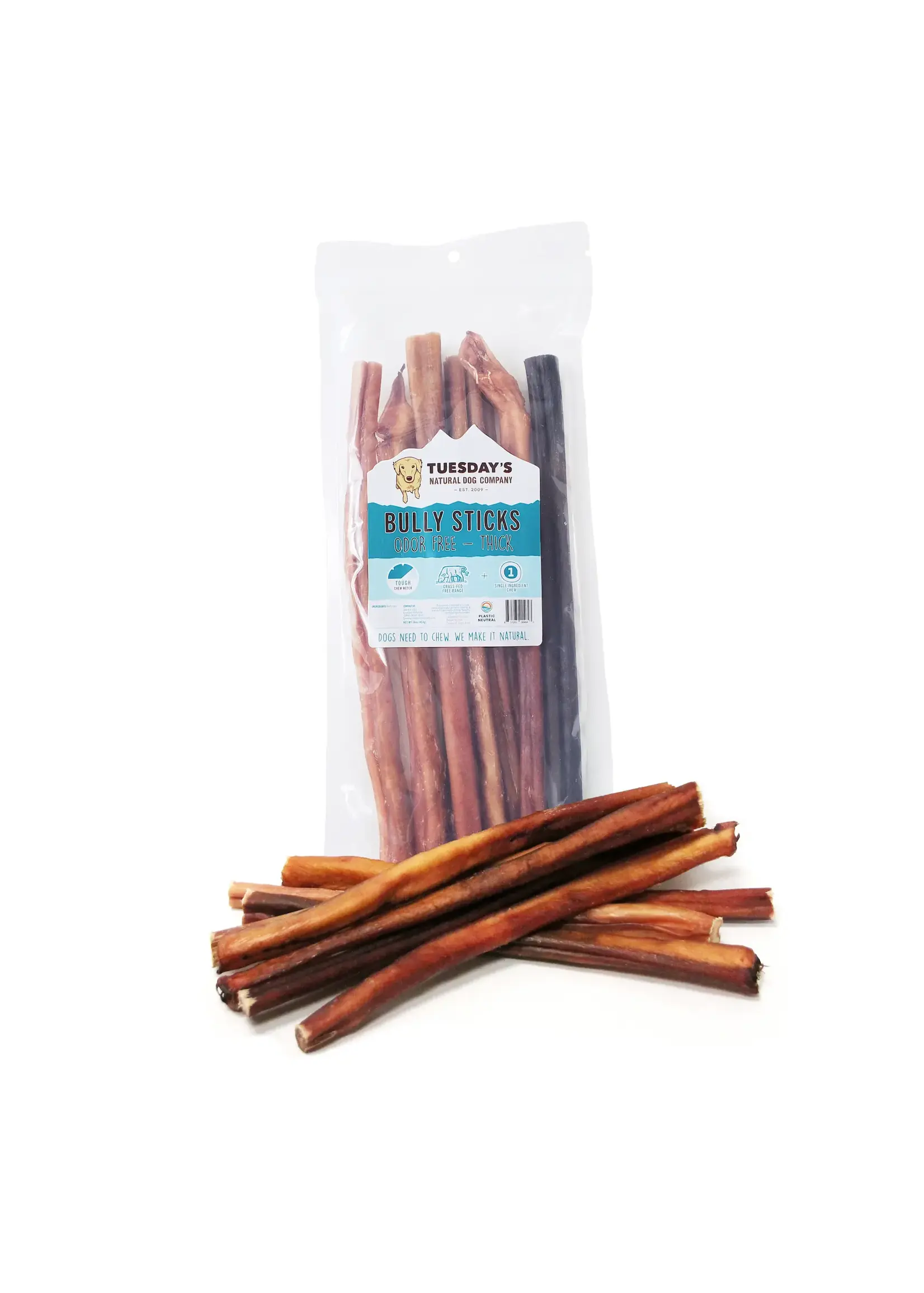 Tuesday's Natural Dog Company Thick Bully Sticks Odor Free - 12" | 16 oz Bag