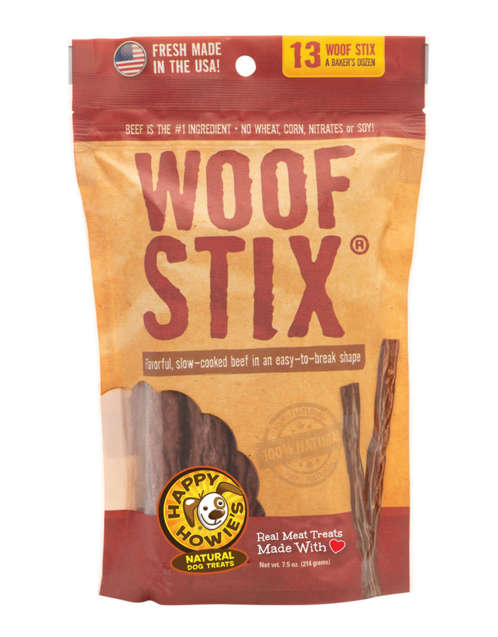 Happy Howie's Beef Woof Stix Dog Treats 6" - Baker's Dozen - 7.5 oz