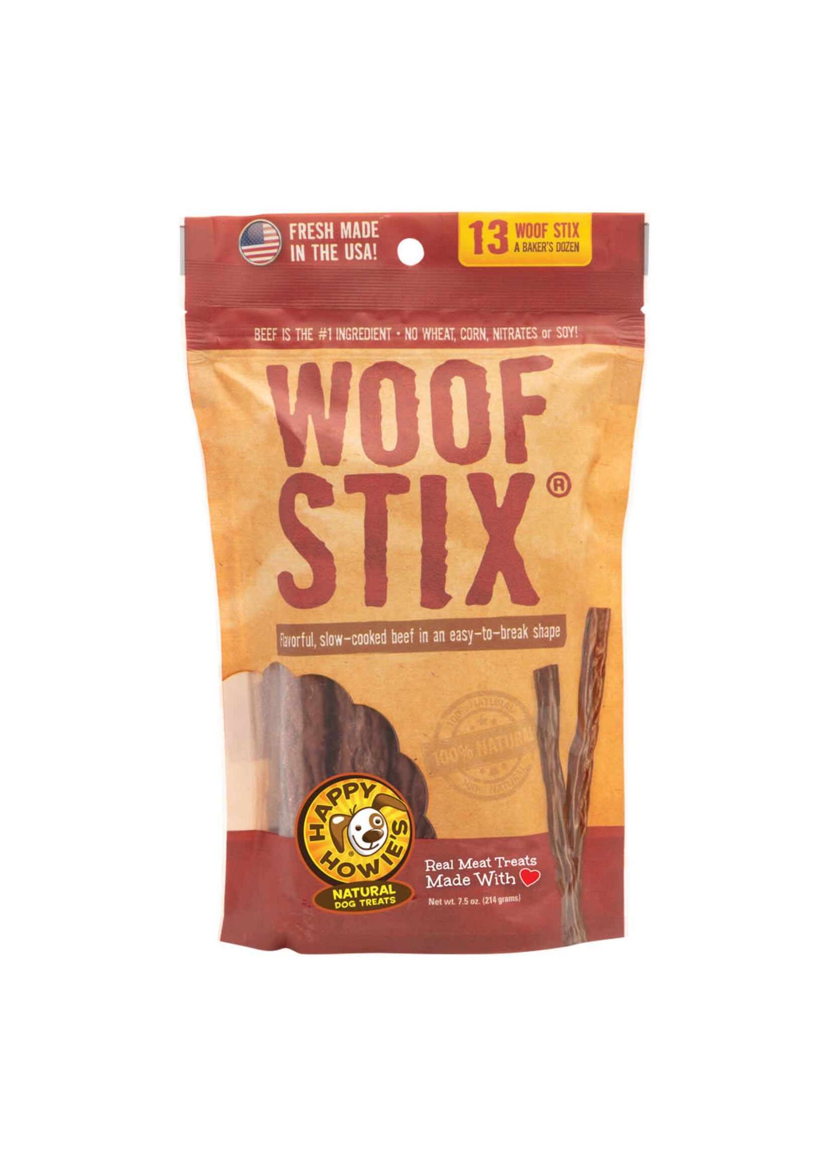 Happy Howie's Beef Woof Stix Dog Treats 6" - Baker's Dozen - 7.5 oz