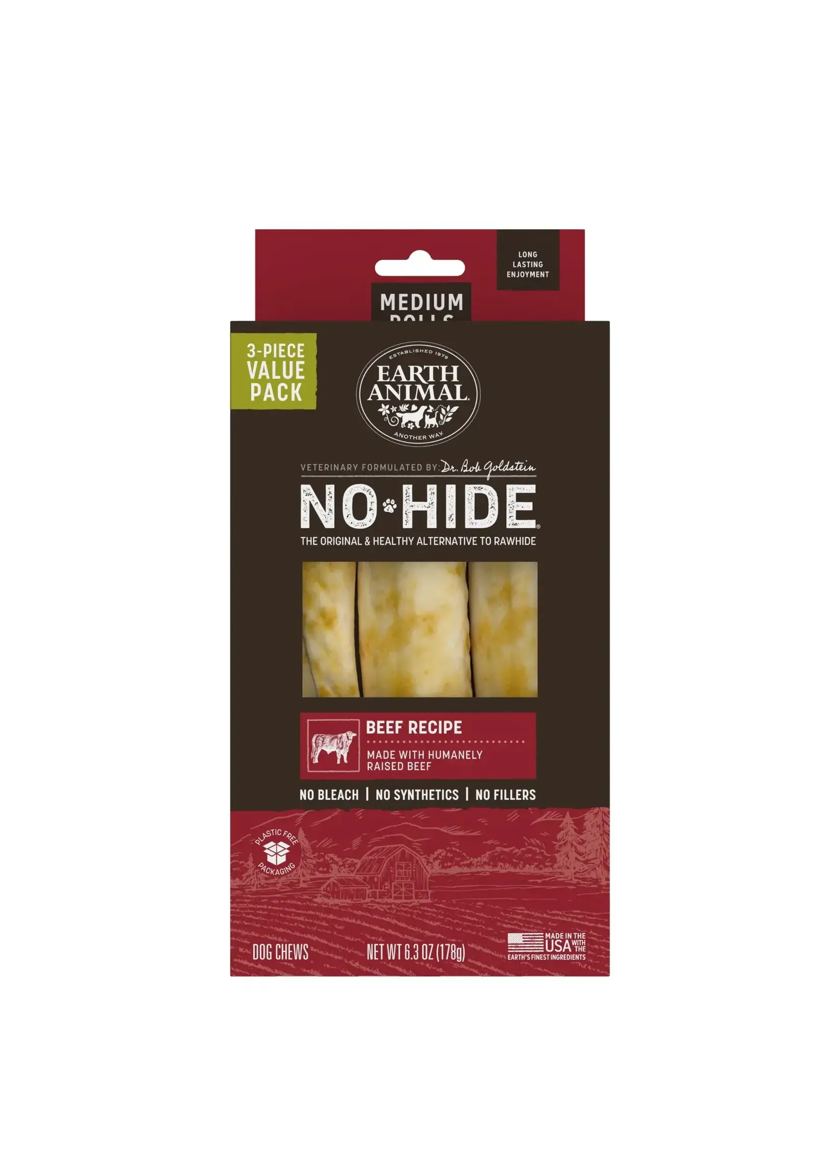 Earth Animal Earth Animal Dog No-Hide Beef Medium Rolls - 3 piece Value Pack