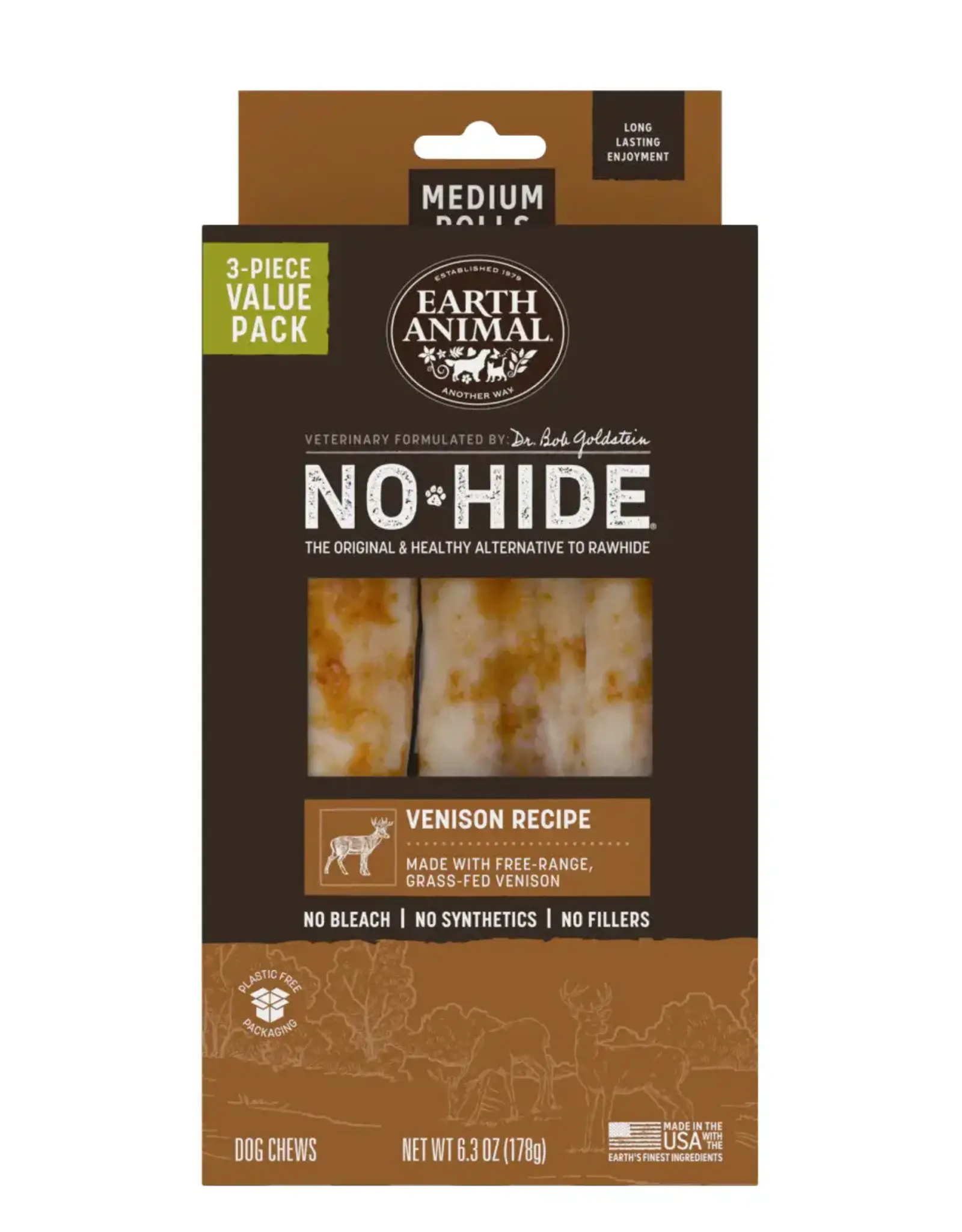 Earth Animal Earth Animal Dog No-Hide Venison Medium Roll - 3 piece Value Pack