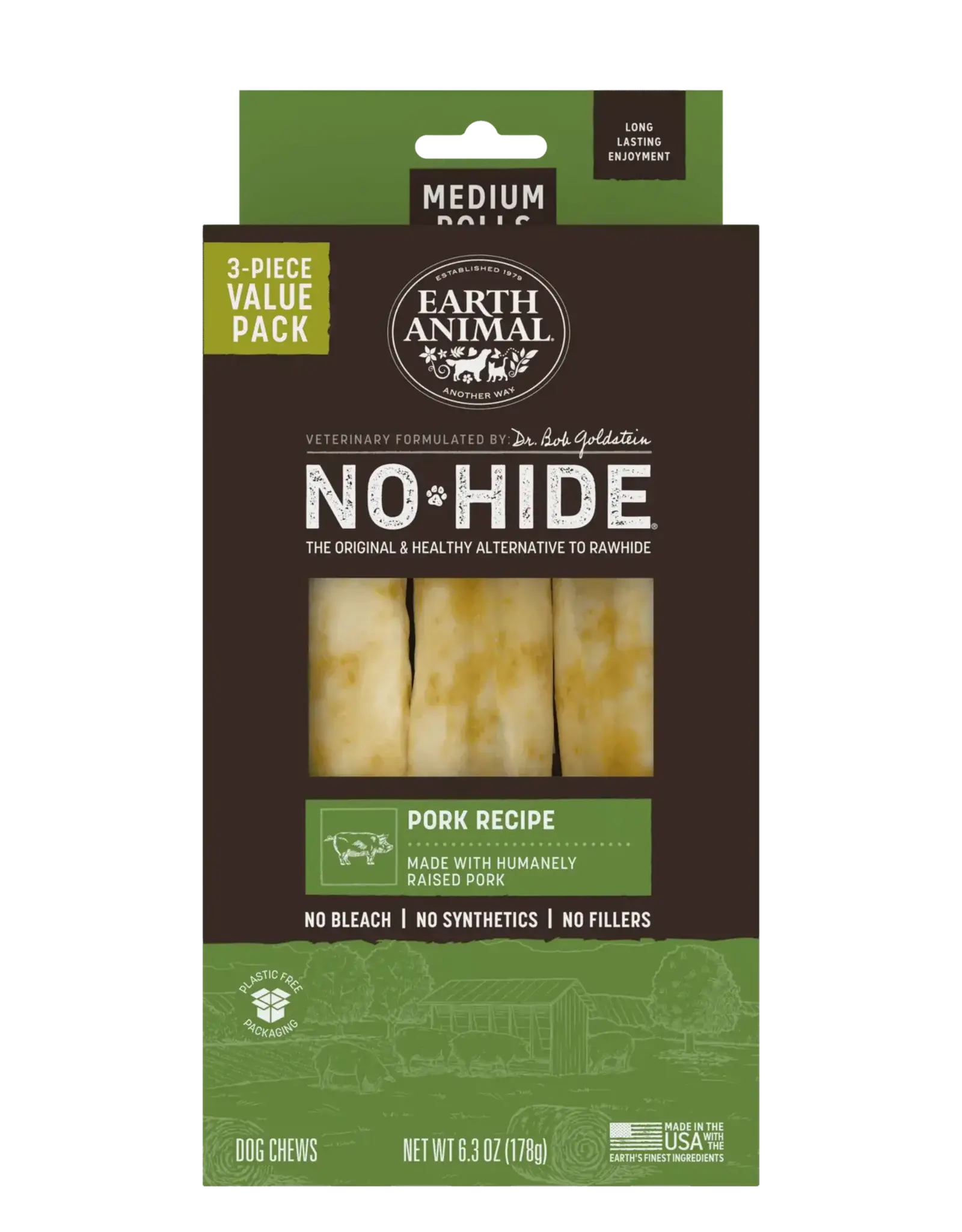 Earth Animal Earth Animal Dog No-Hide Pork Medium Rolls - 3 piece Value Pack