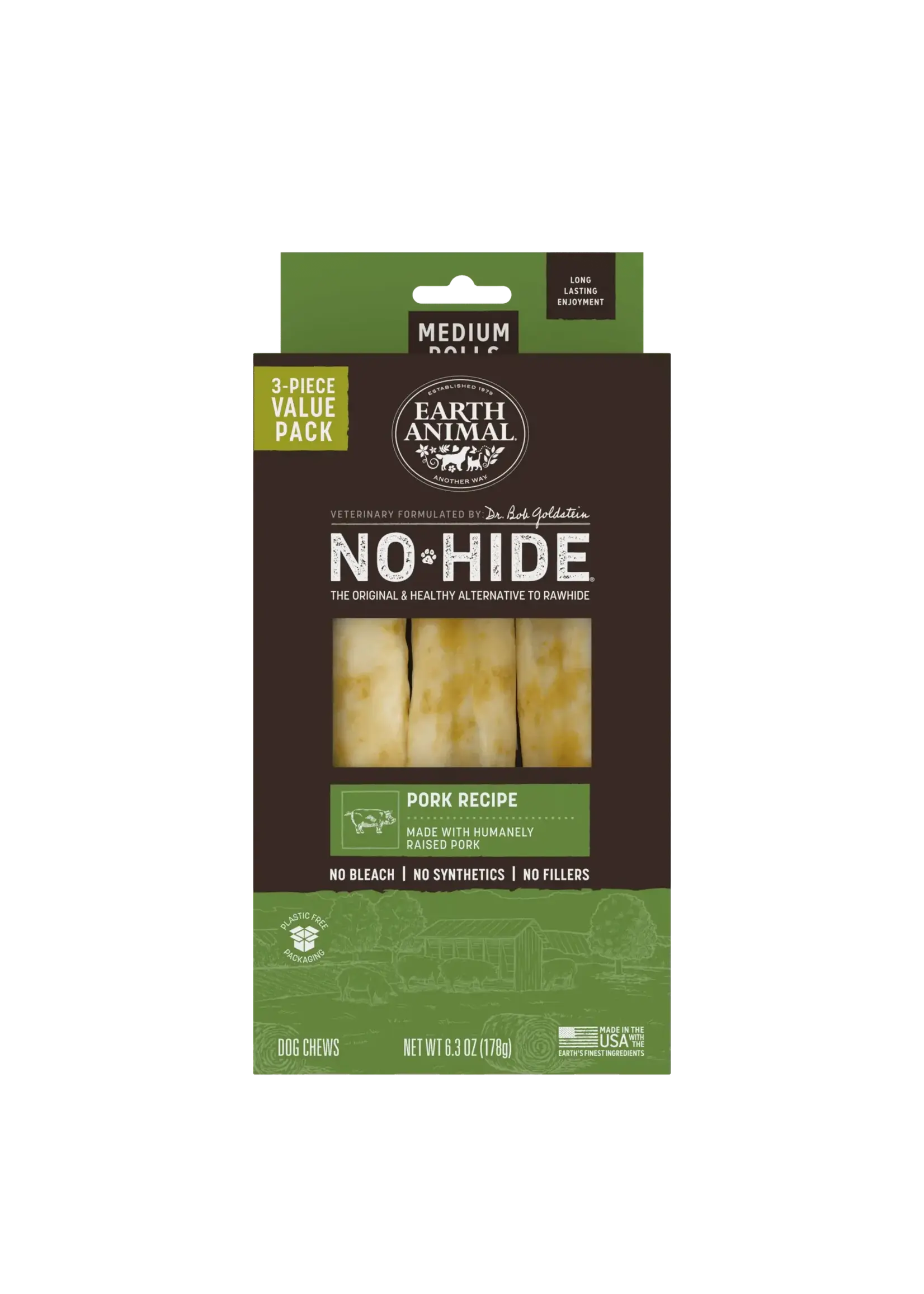 Earth Animal Earth Animal Dog No-Hide Pork Medium Rolls - 3 piece Value Pack