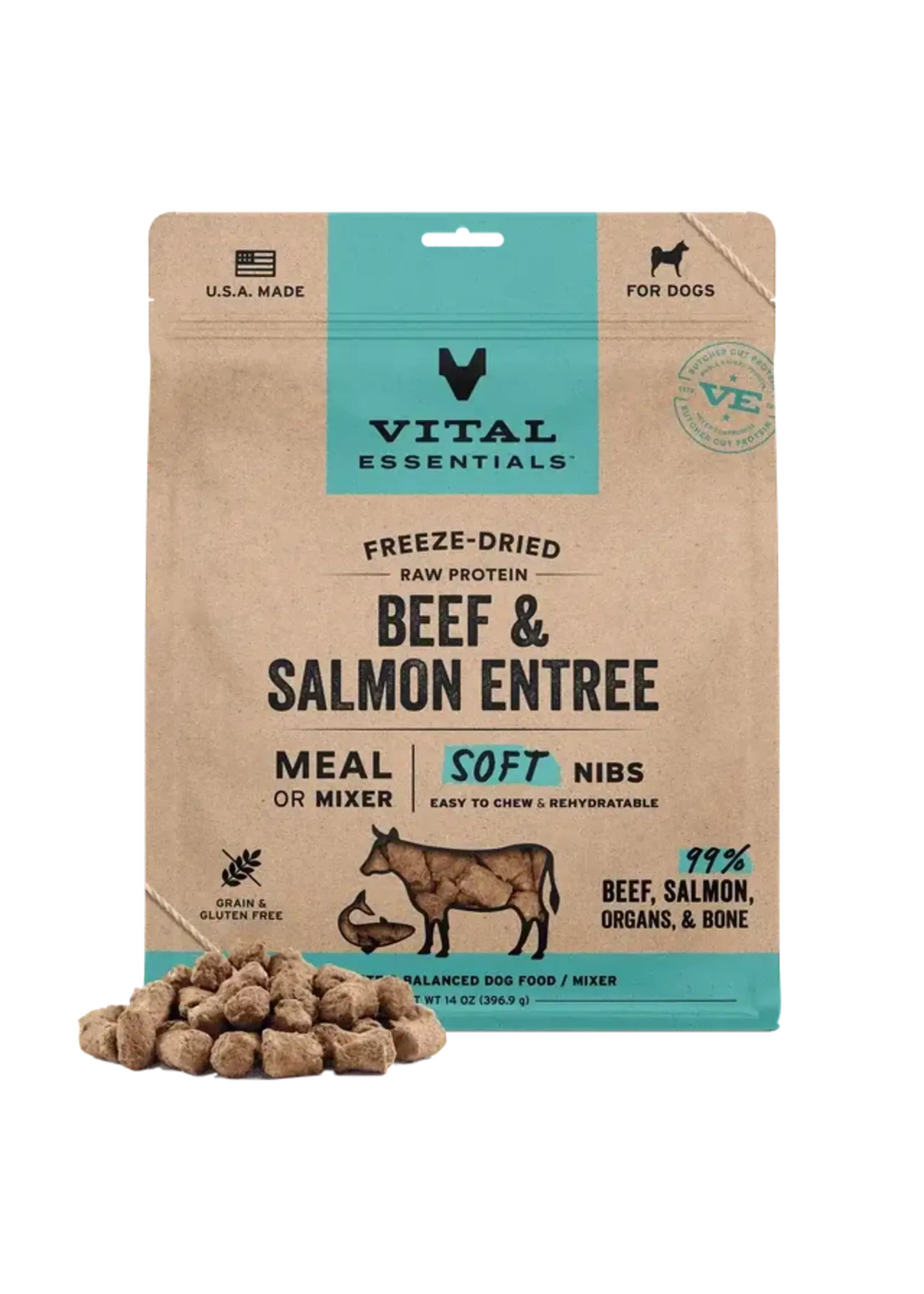 Vital Essentials Vital Essentials Freeze-Dried Dog Food - Beef & Salmon Entree - Soft Nibs - 14 oz
