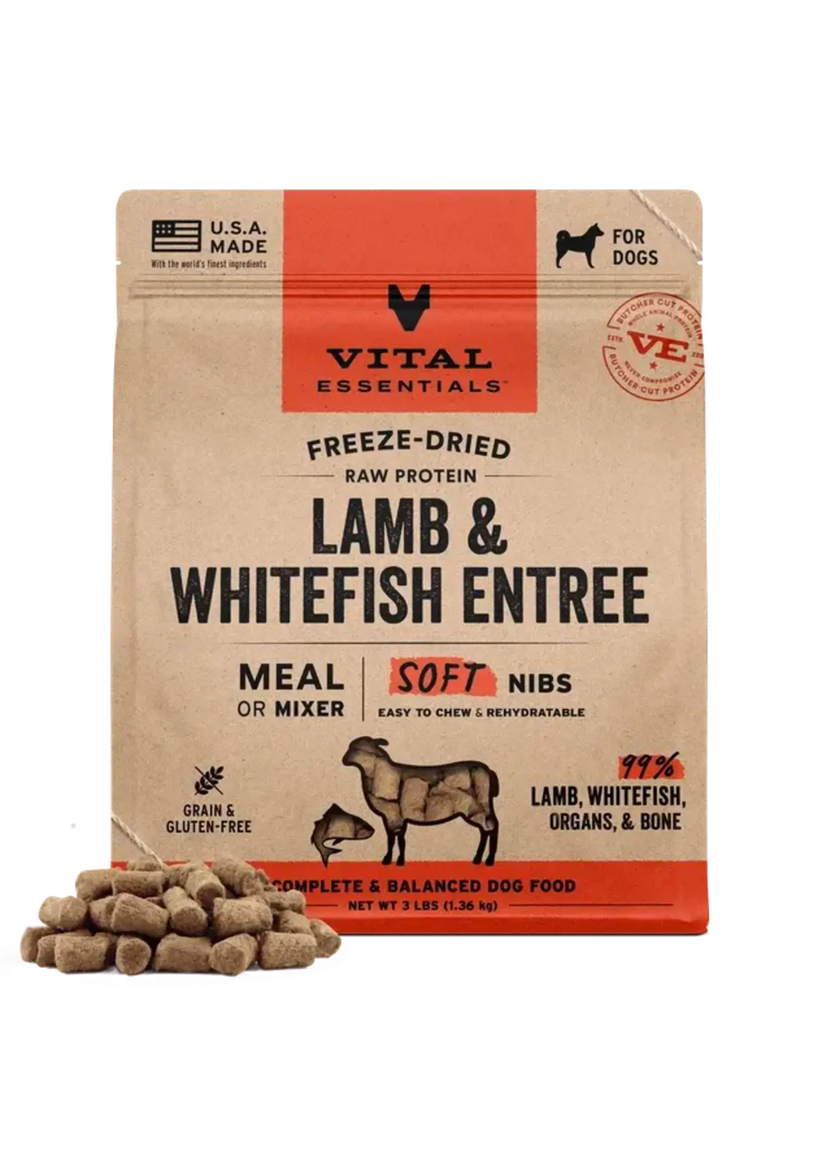 Vital Essentials Vital Essentials Freeze-Dried Dog Food - Lamb & Whitefish Entree - Soft Nibs - 3 lb