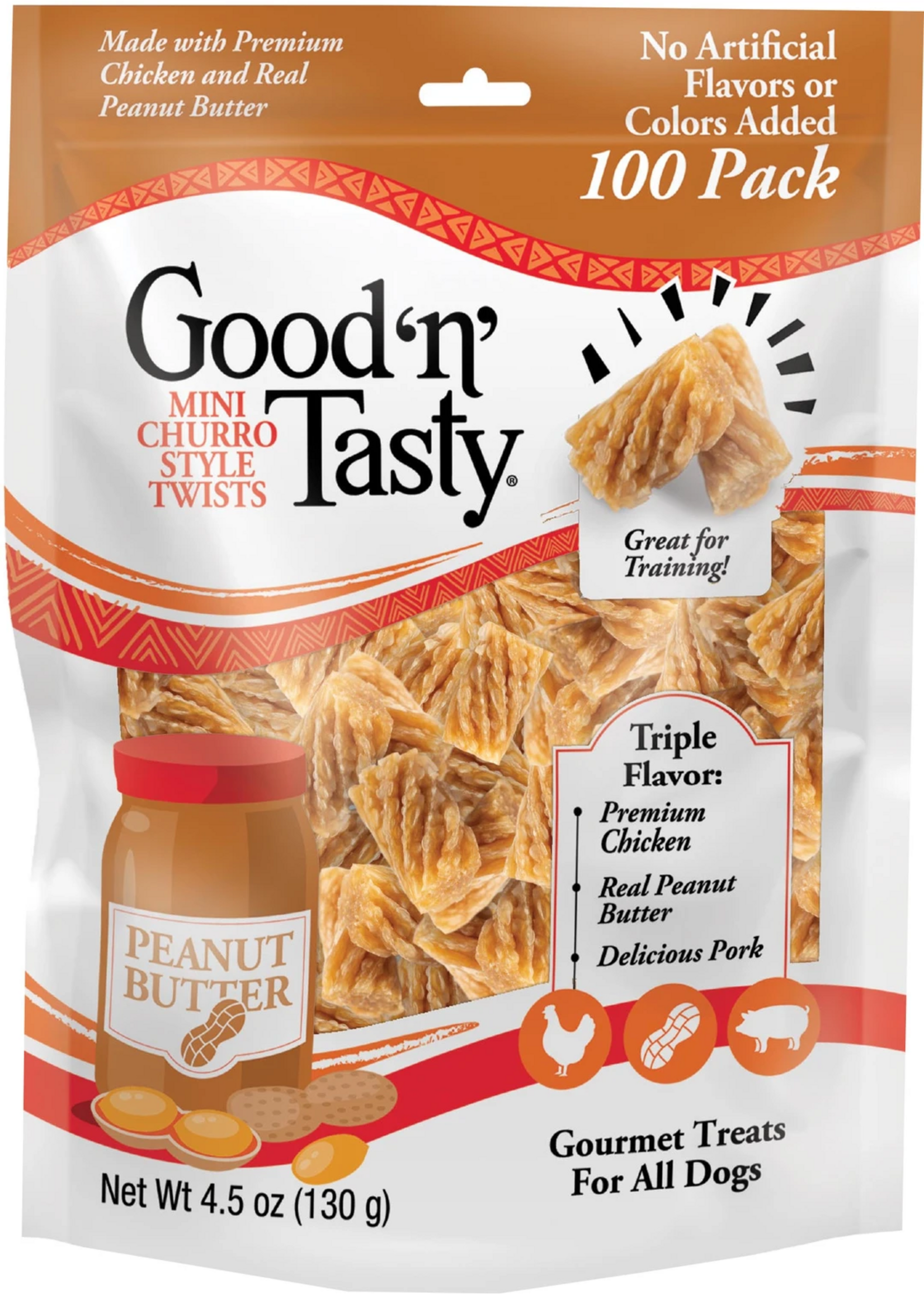 Good 'N' Tasty Good 'N' Tasty Mini Churro Twists Chicken, Peanut Butter & Pork - 4.5 oz, 100 Pack