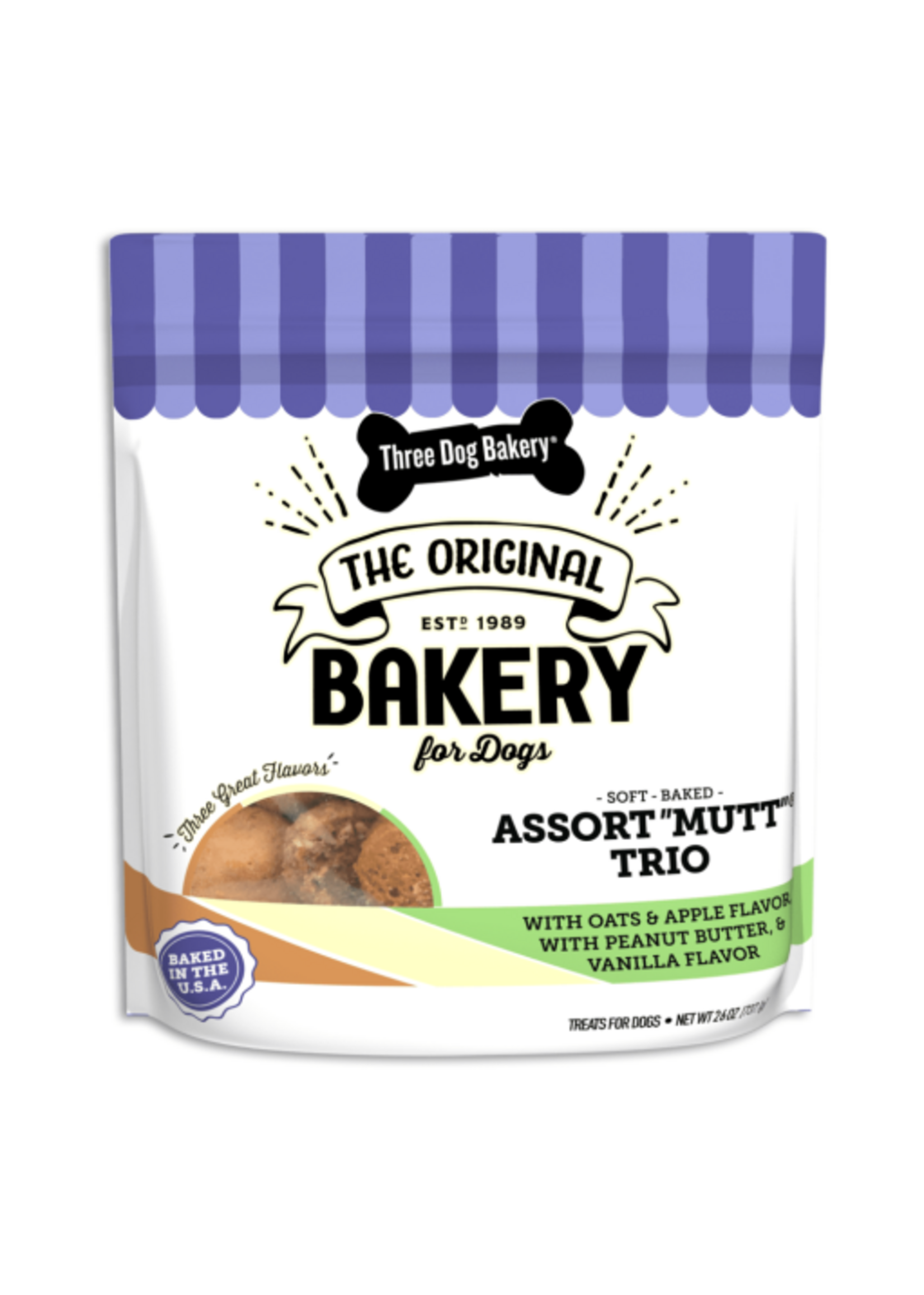 Three Dog Bakery Three Dog Bakery Assort"Mutt" Trio Peanut Butter & Vanilla, Oats & Apple Soft Dog Treats - 26 oz