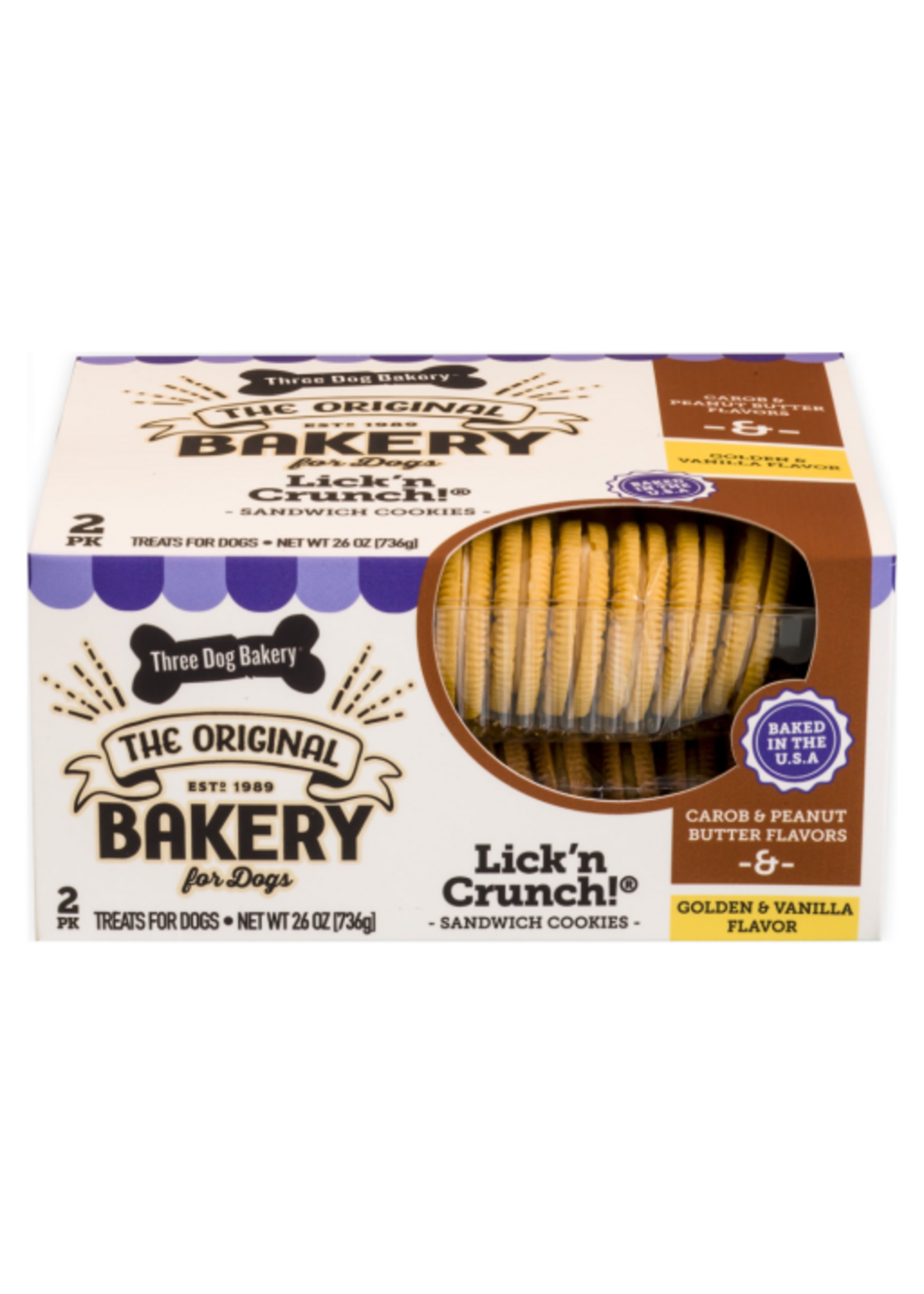 Three Dog Bakery Three Dog Bakery Lick'n Crunch Sandwich Cookies Carob, Peanut Butter, & Golden Vanilla Crunchy Dog Treats - 26 oz