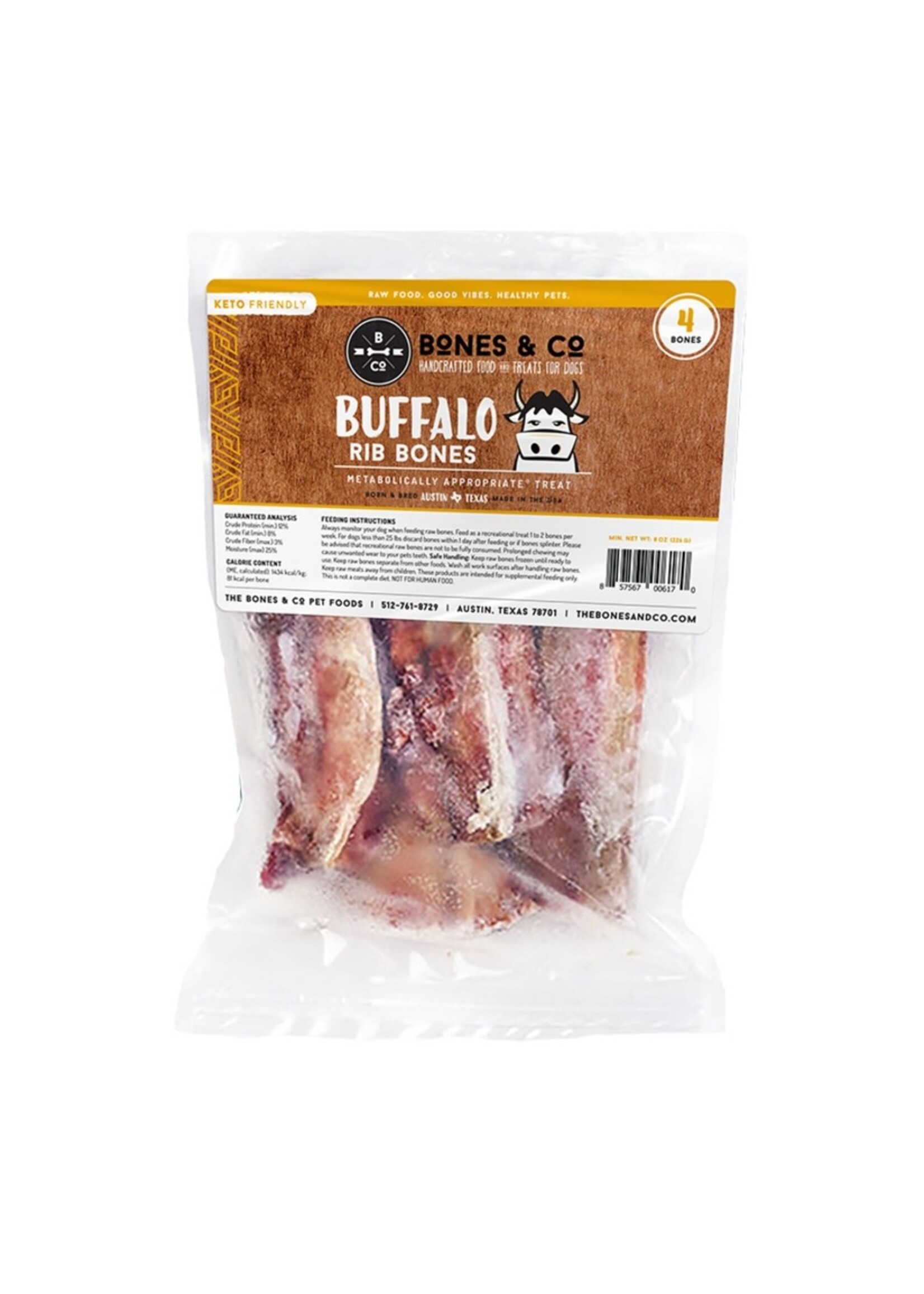 Bones & Co Frozen Dog Treats - Buffalo Rib Bones - 5", 4 Pack