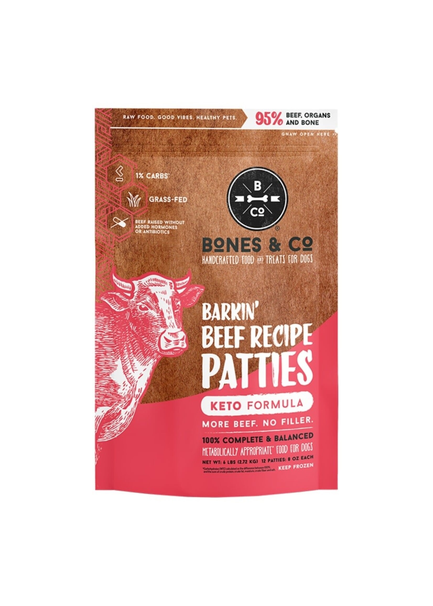 Bones & Co Frozen Dog Food - Barkin' Beef Recipe Patties - 6 lb