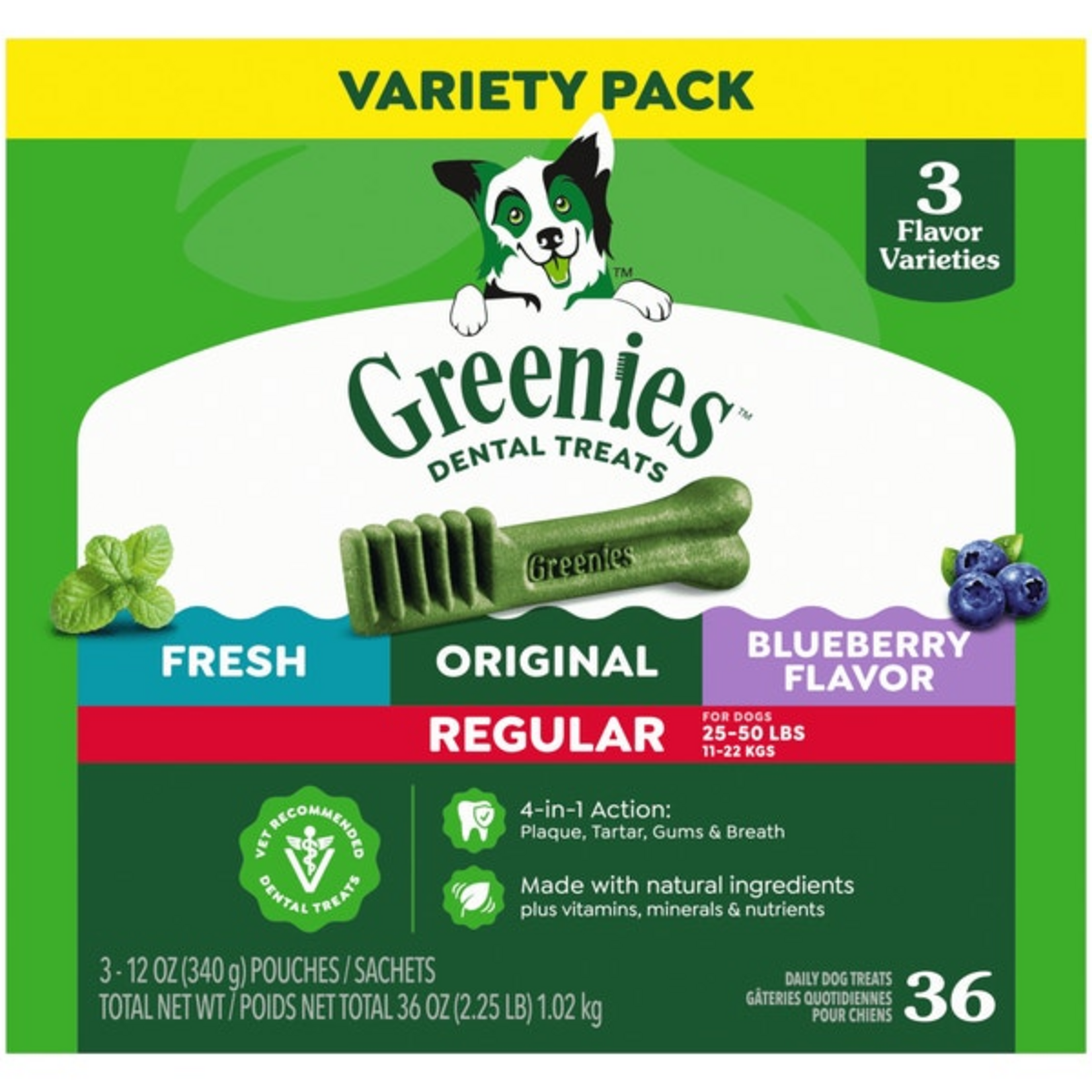 Greenies Greenies Regular 3-Flavor Variety Pack Dog Dental Treats - Three 12 oz Pouches, 36 Count