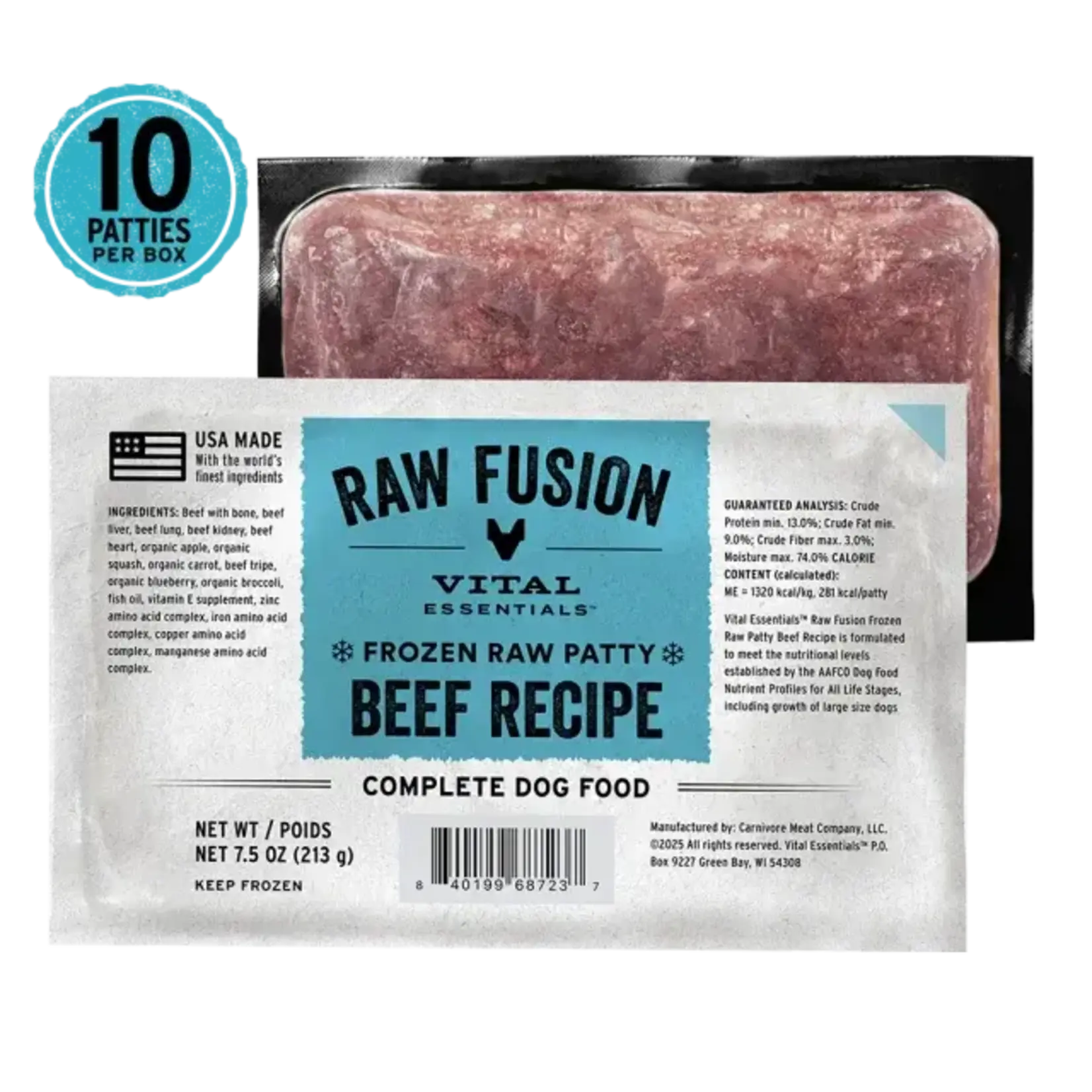 Vital Essentials Vital Essentials Raw Fusion Frozen Patty - Beef Recipe Complete Dog Food - 7.5 oz