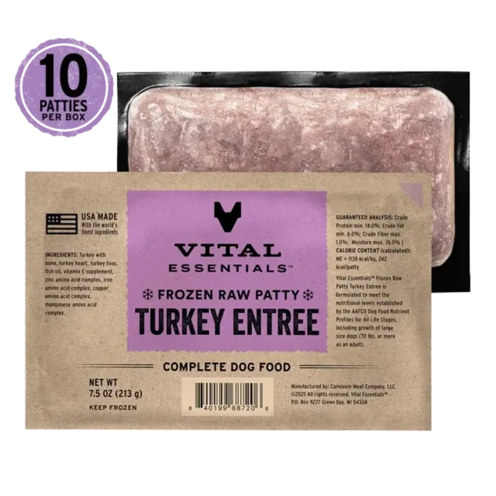 Vital Essentials Vital Essentials Frozen Raw Patty - Turkey Entree Complete Dog Food - 7.5 oz