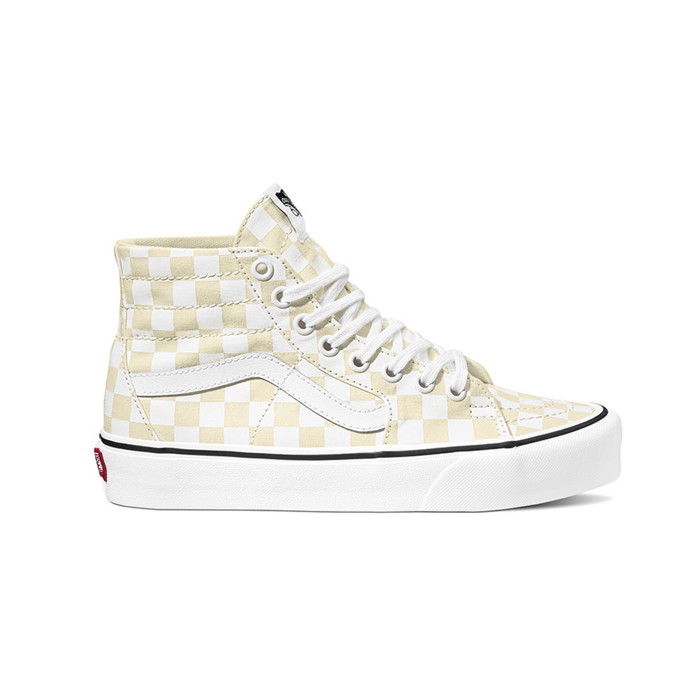 white checkerboard lace up vans